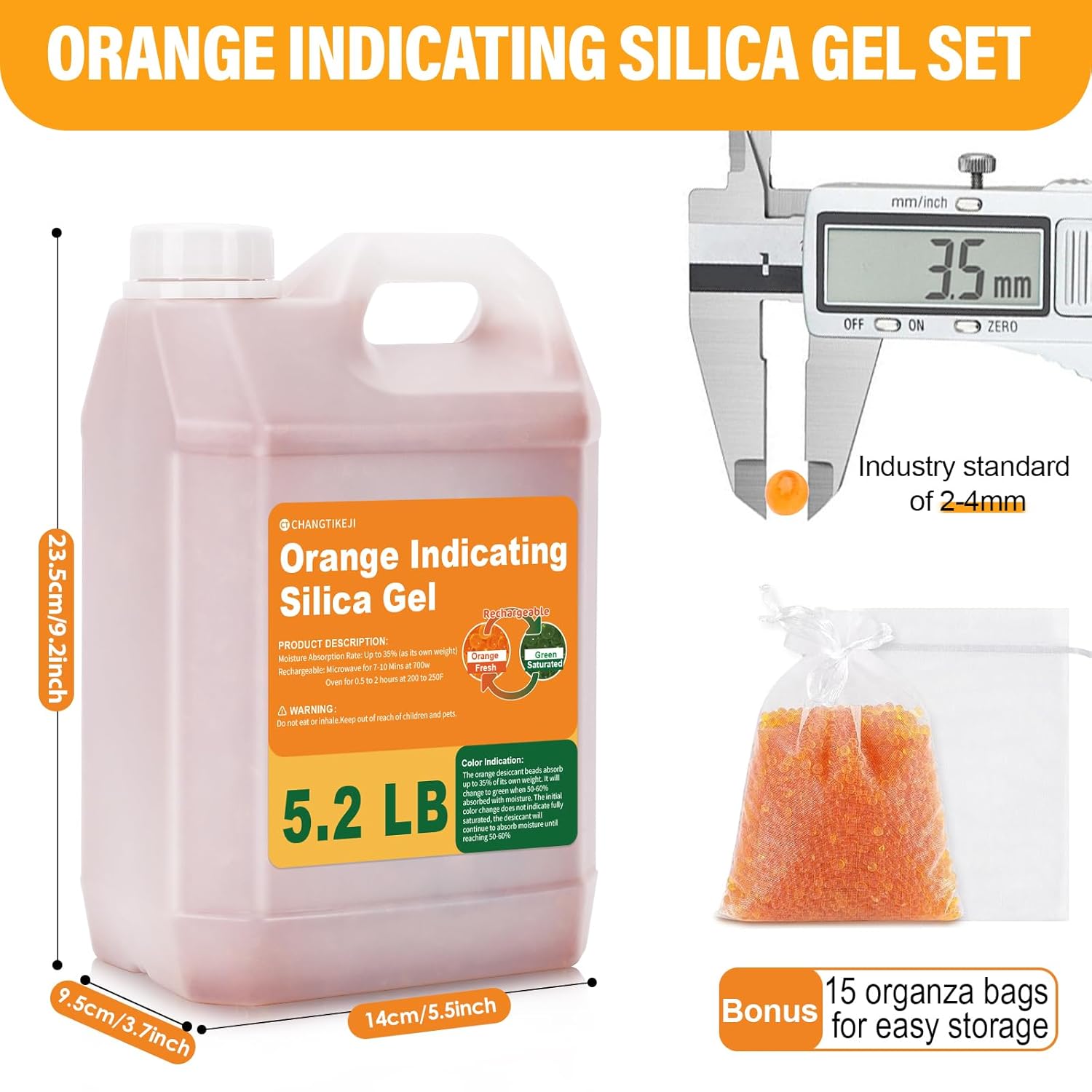 CHANGTIKEJI Orange Silica Gel Desiccant Beads 5.2LBS - Premium Color Indicating Reusable Moisture Absorbers for Camera, Electronic, Books, Documents, 3D Filaments, Clothes, Painting, Jewelry