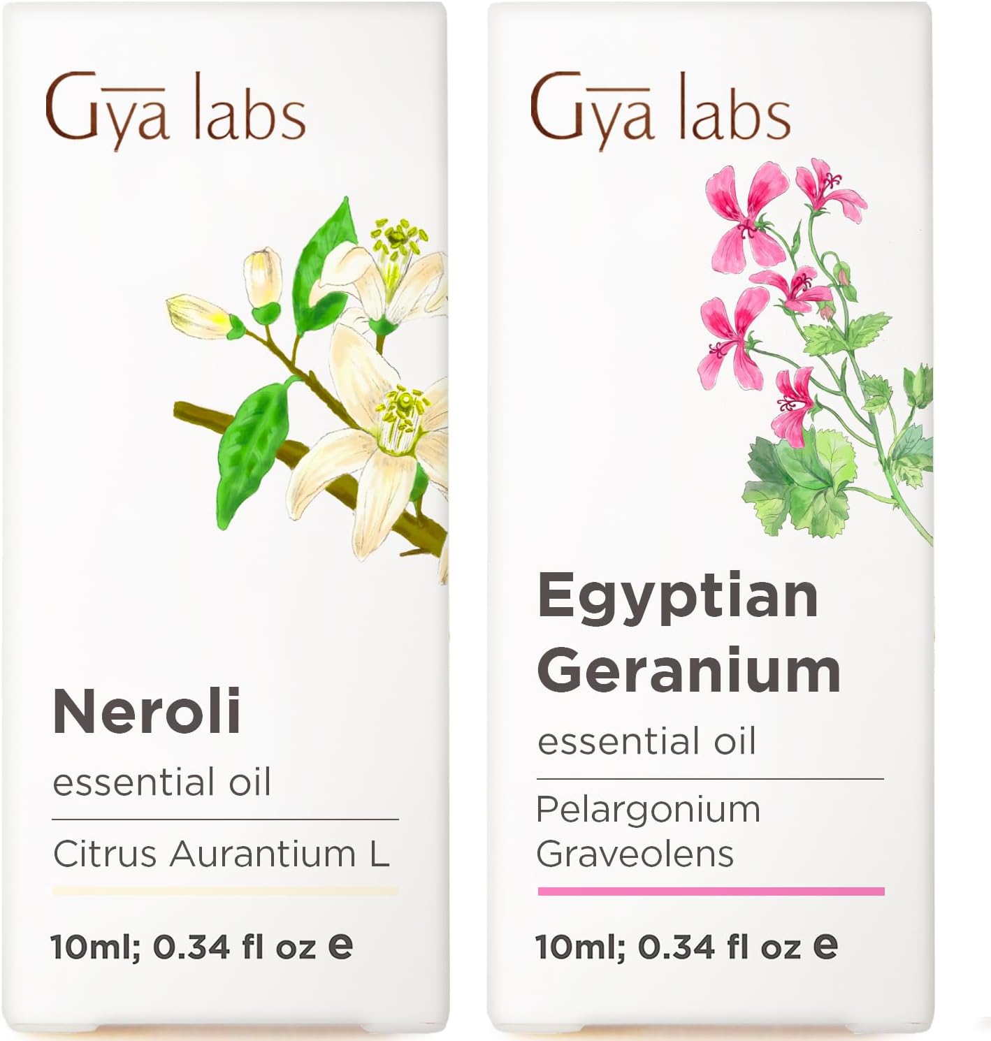 Neroli Essential Oil for Diffuser & Egyptian Geranium Essential Oil for Skin Set - Aromatherapy Grade Essential Oils Set - 2x0.34 fl oz - Gya Labs