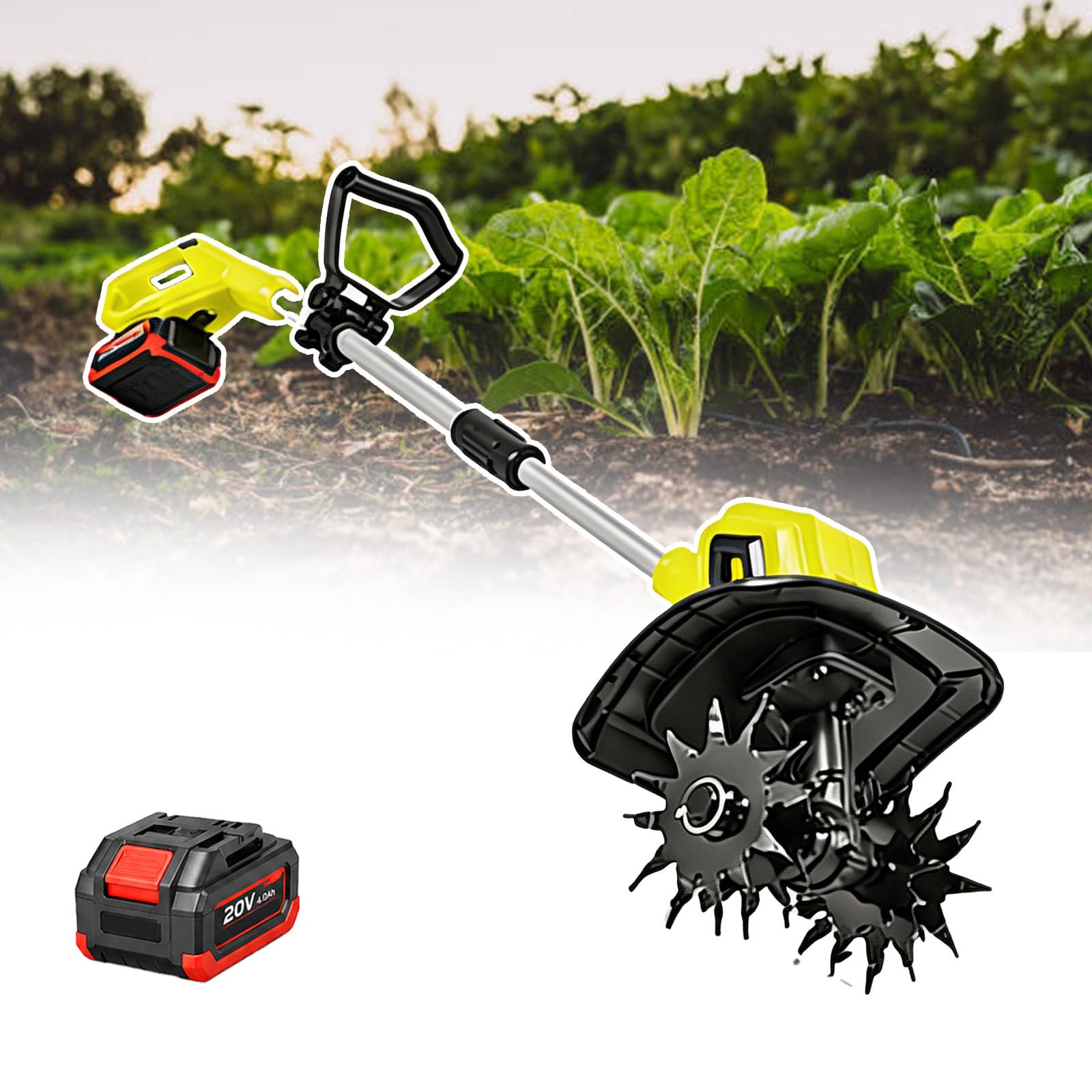 Cultivador de jardín eléctrico con varilla telescópica y deflector de protección