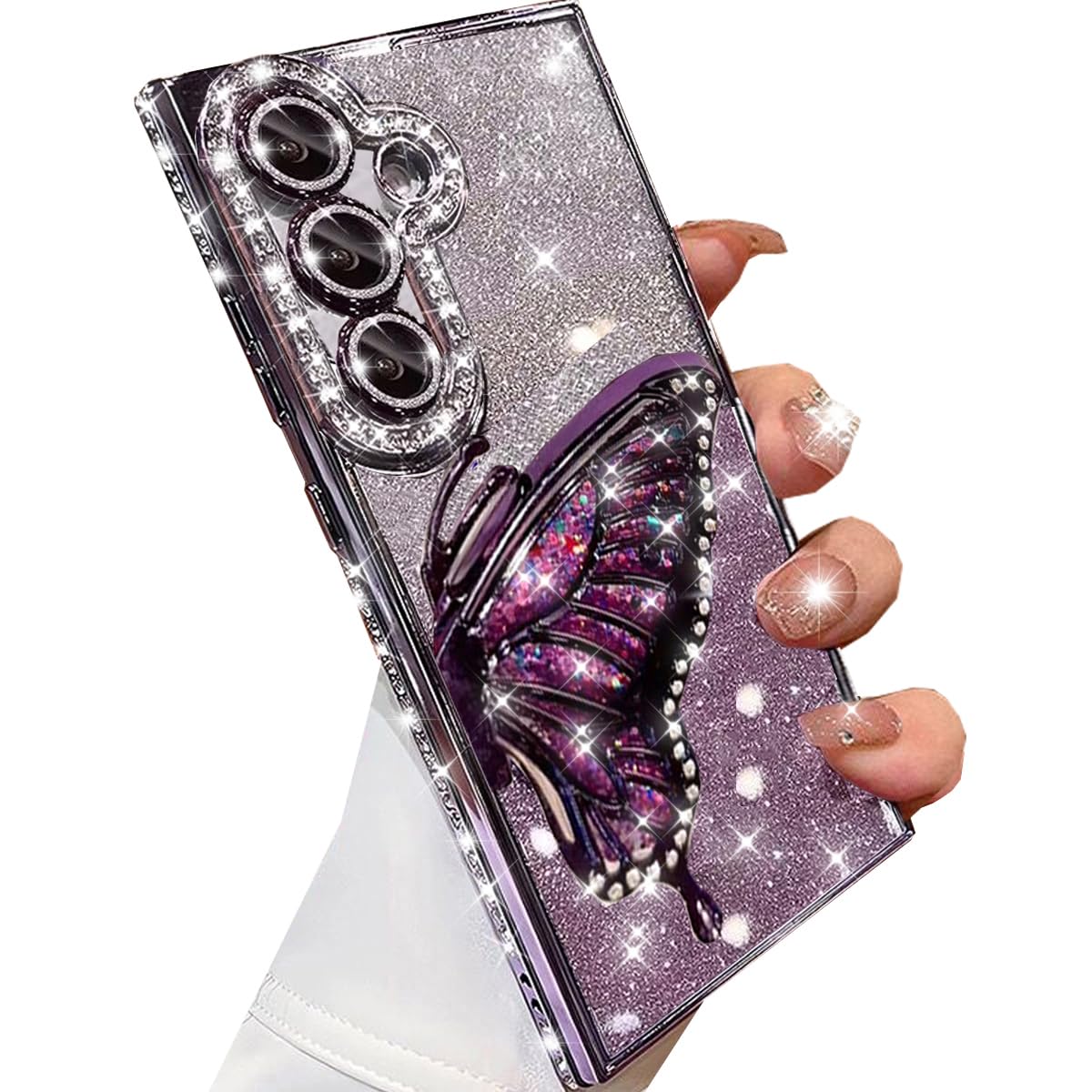 Changjia for Samsung Galaxy S24 Plus Glitter 3D Butterfly Case,Cute Luxury Bling Sparkly Diamond Rhinestones Liquid Flowing Case with Camera Lens