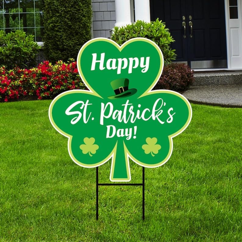St. Patrick's Day Yard Sign 18" x 12" - Coroplast Shamrock Yard Sign, Saint Patricks Day Outdoor Yard Decoration with Metal H-Stake, VP5461 (12x18, Double Sided)