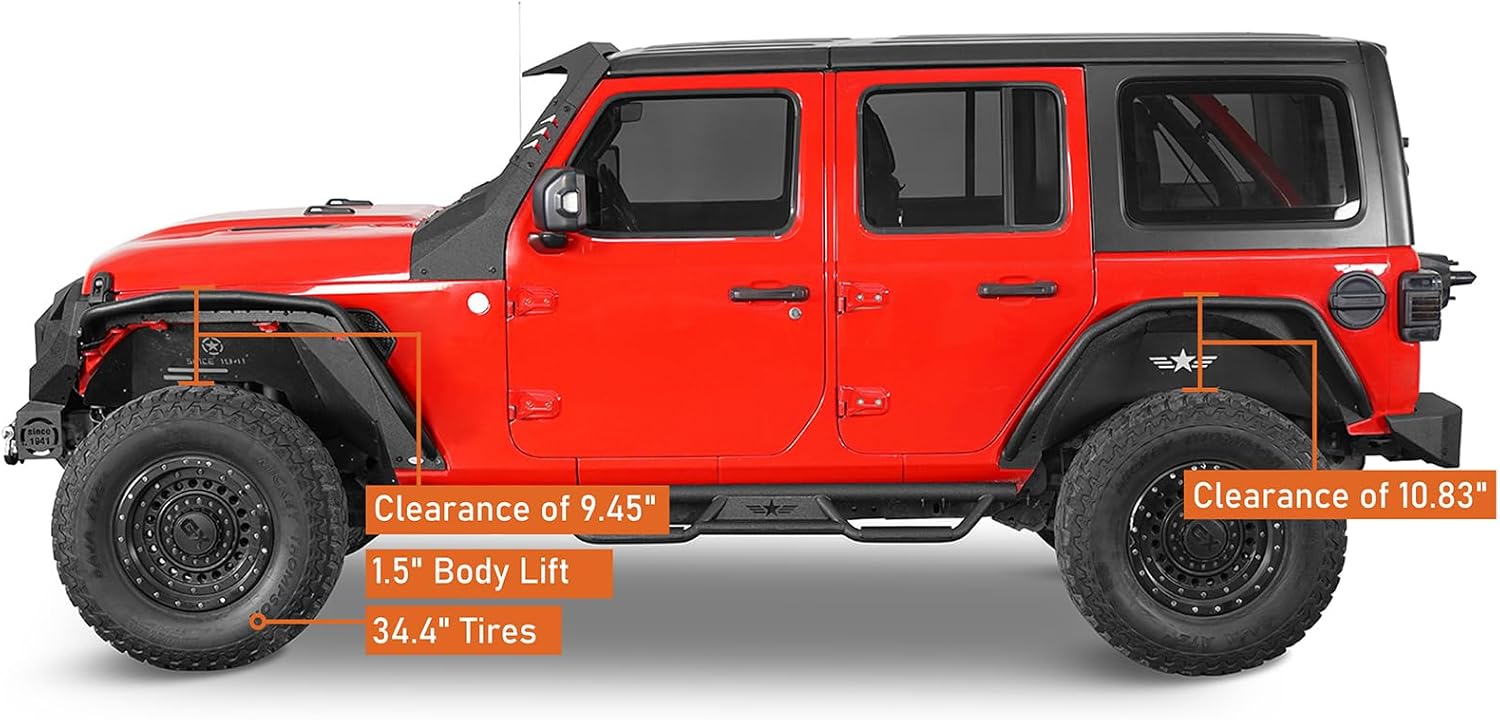 Hooke Road High Clearance JL Fender Flares Kit for 2018-2026 Jeep Wrangler JL JLU 2/4 Doors, Offroad Steel Tube Fenders with Lights - 4PCS Front and Rear Set
