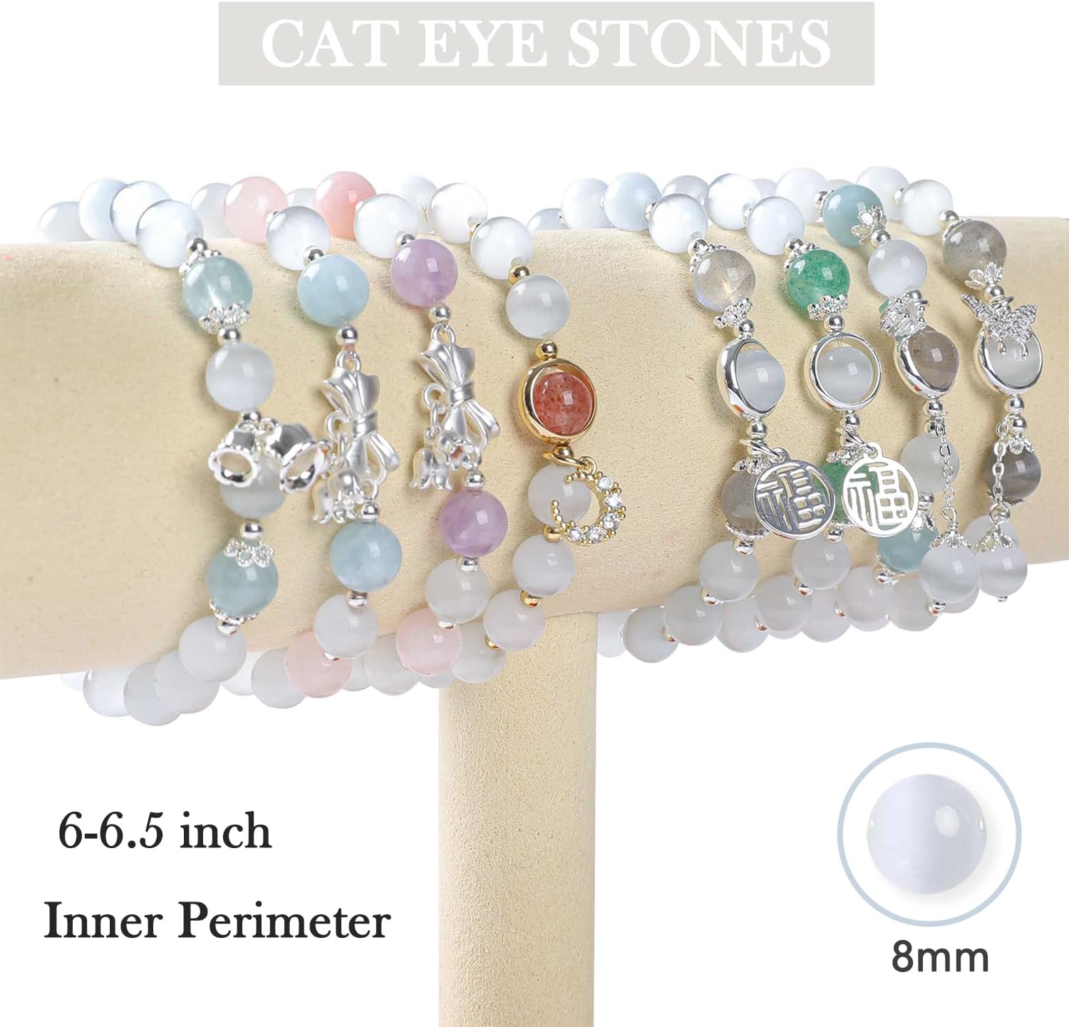 Cat's Eye Stone Bracelet with Strawberry Quartz & Moon Charm Positive Energy Crystal Gemstone Jewelry Gift for Women 6.5" - Image 3