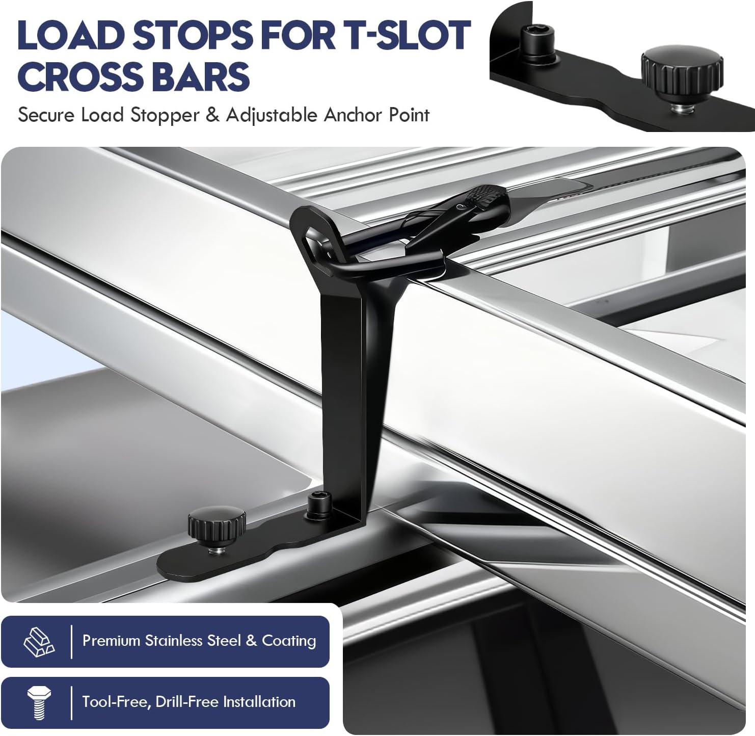 Load Stops for T-Slot Cross Bars 4-Pack, Stainless Steel Replacement with Secure Locking Clamps - Compatible with Roof Racks for Kayak, Canoe, Ladder, Ski, Surfboard, Paddleboard, Snowboard