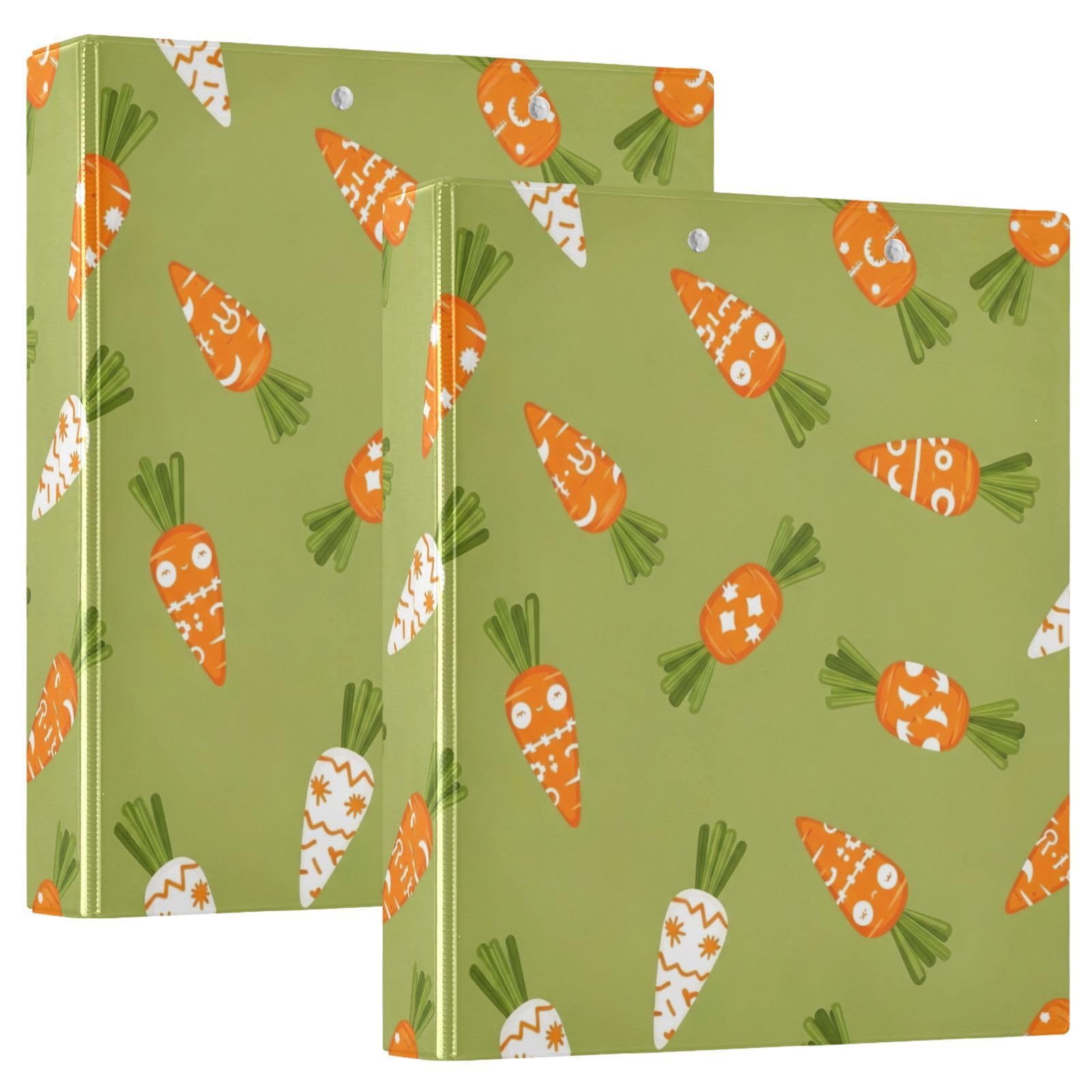 Confezione da 2 raccoglitori ad anelli con 3 anelli, motivo carote, colore verde oliva, con tasche, grandi, per scuola, università, ufficio