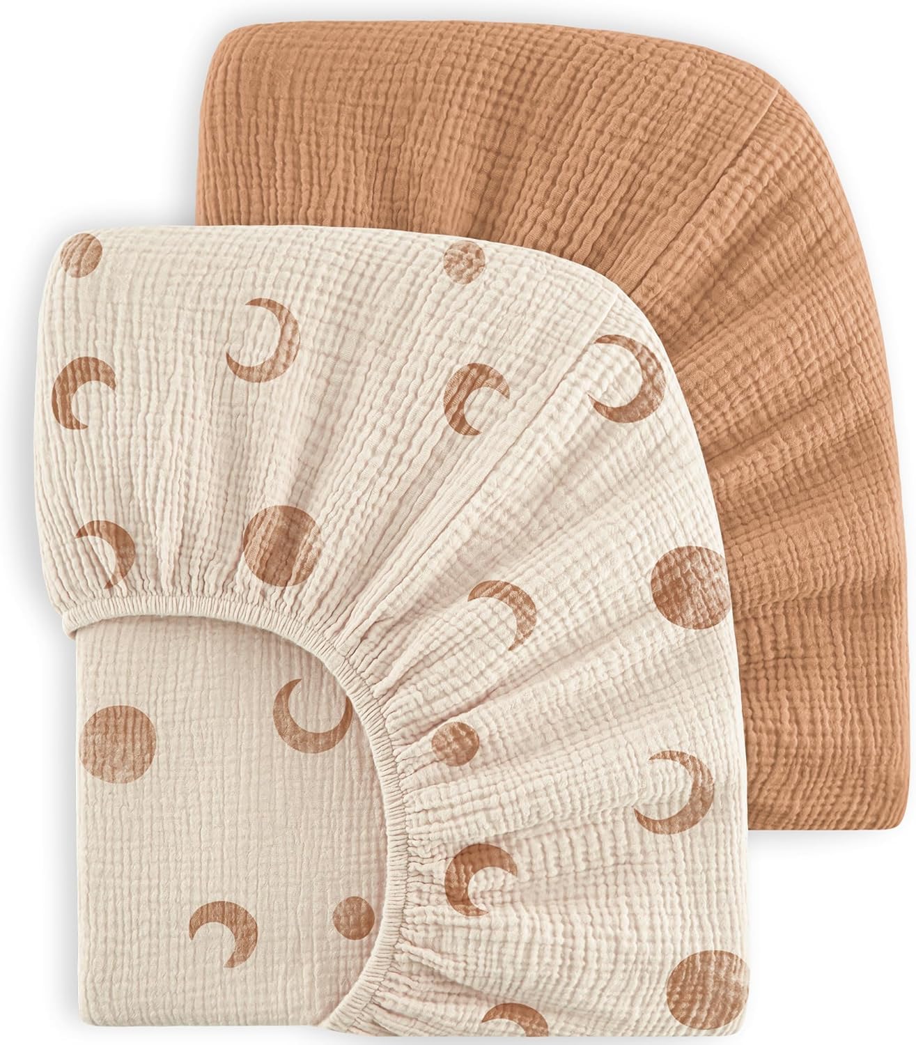 Bearmoss Sábana de Muselina, 100% Algodón, para Colchón Estándar de Cuna y Colchón de Cama Infantil, 60 x 120 cm/70 x 140 cm,Sabana Bajera Cuna Ajustables para Cama Auxiliar (Luna Marrón, 60x120)