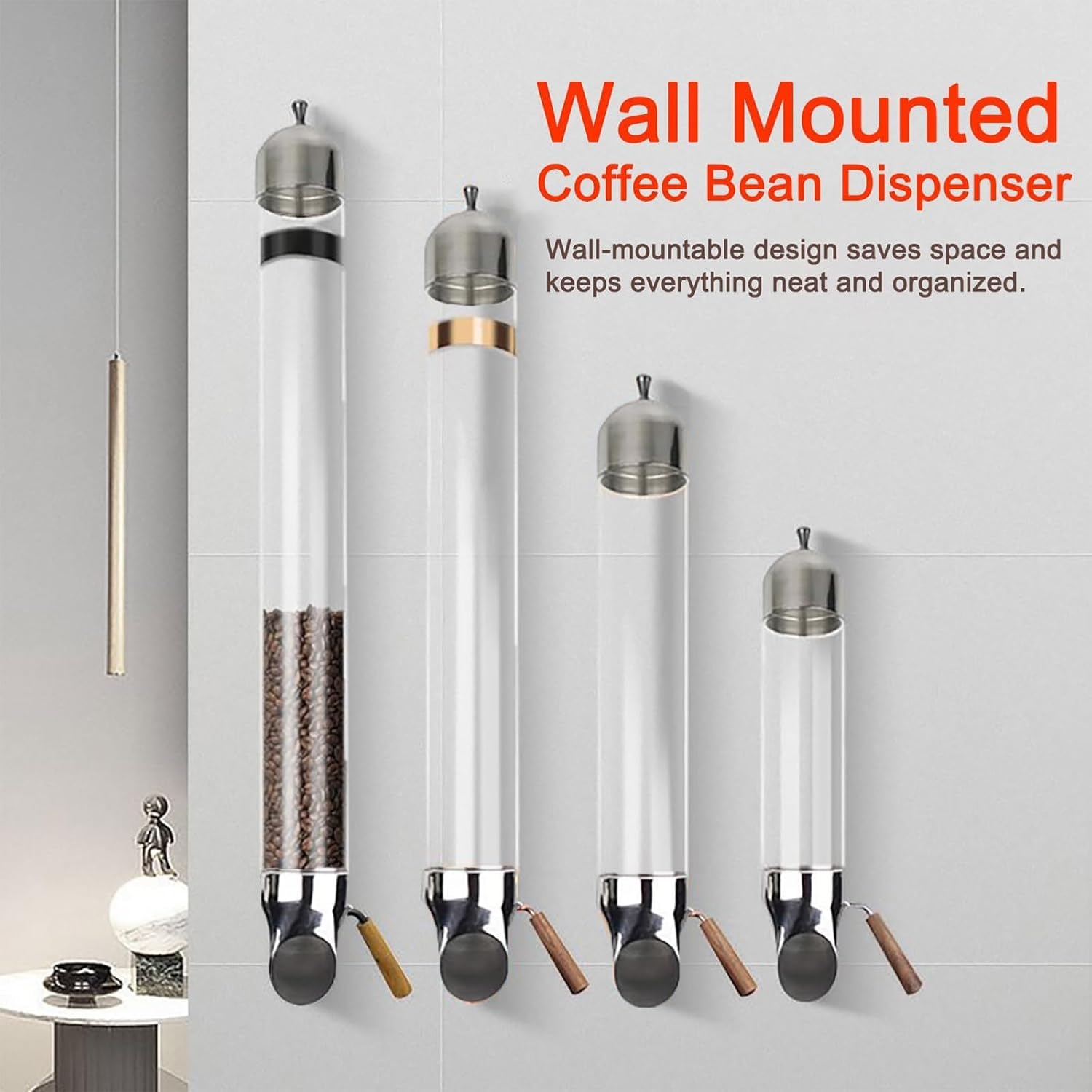Distributeur de grains de café, récipient de rangement mural en acier inoxydable avec tube en verre, sortie réglable pour café, bonbons, thé, 9 cm de diamètre