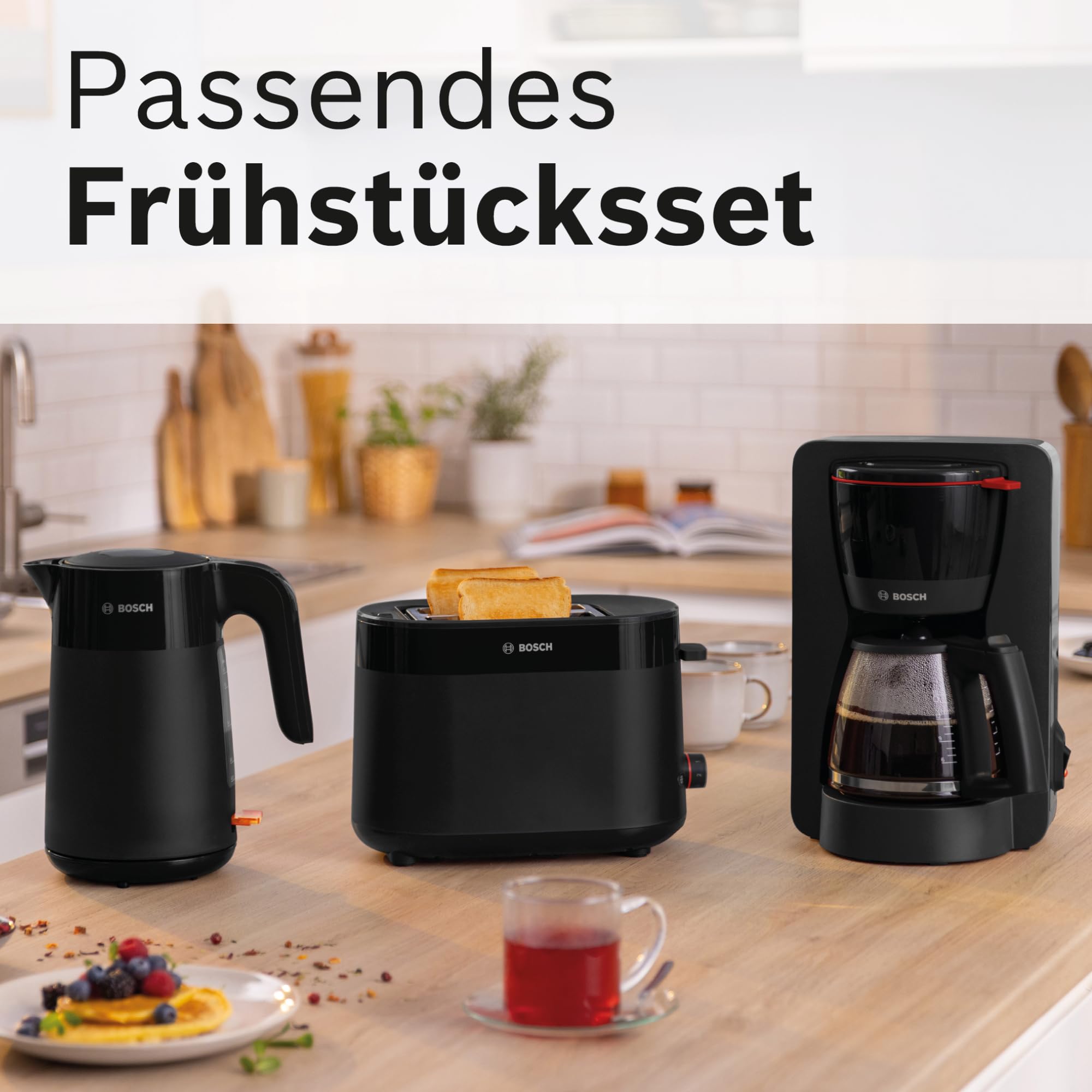 Bosch kabelloser Wasserkocher MyMoment TWK2M163, Abschaltautomatik, Überhitzungsschutz, Tassenanzeige, entnehmbarer Kalkfilter, Trockengehschutz, Dampfstopp-Automatik, 1,7 L, 2400 W, Schwarz matt