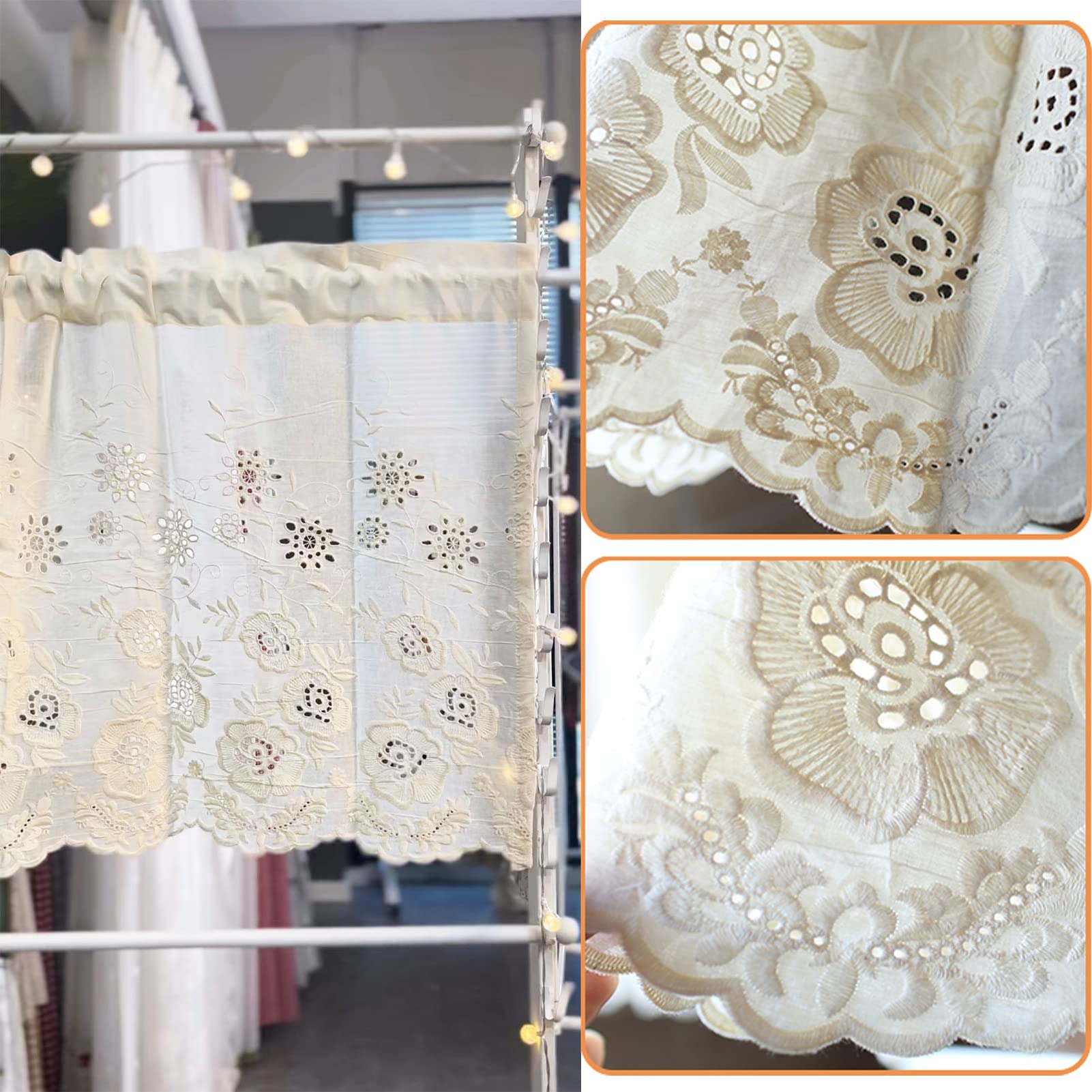 Tenda Corta In Pizzo Cotone Bianco - Ricamo Floreale Per Cucina - Foto 4