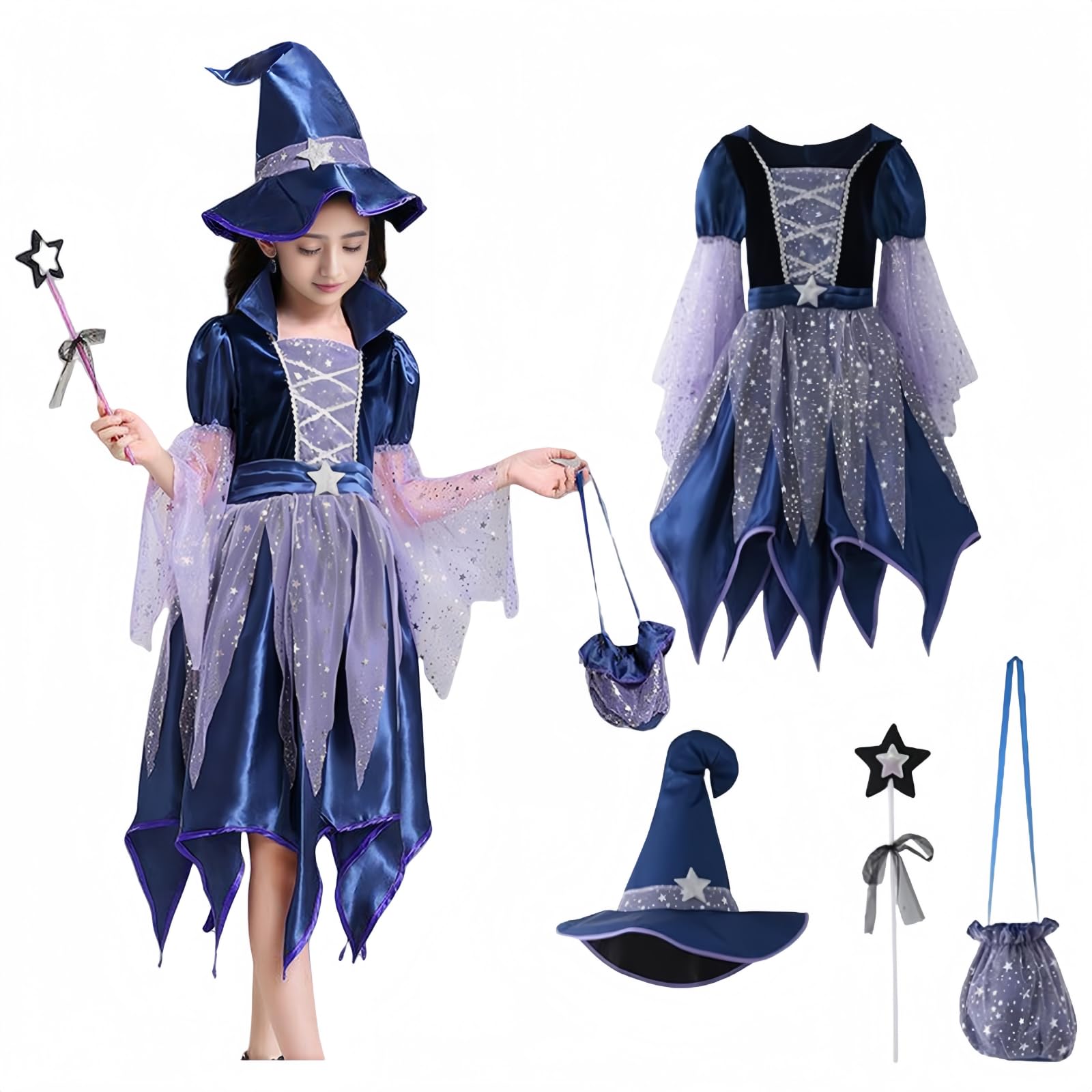 Halloween Costumes Kids, Witch Costume Kids Girls Halloween Costumes for Kids Witches Costumes 4 Pcs Set Dresses Carnival Outfits Wizard Outfit for Dress Up Party Role Playing Cosplay โ image 1