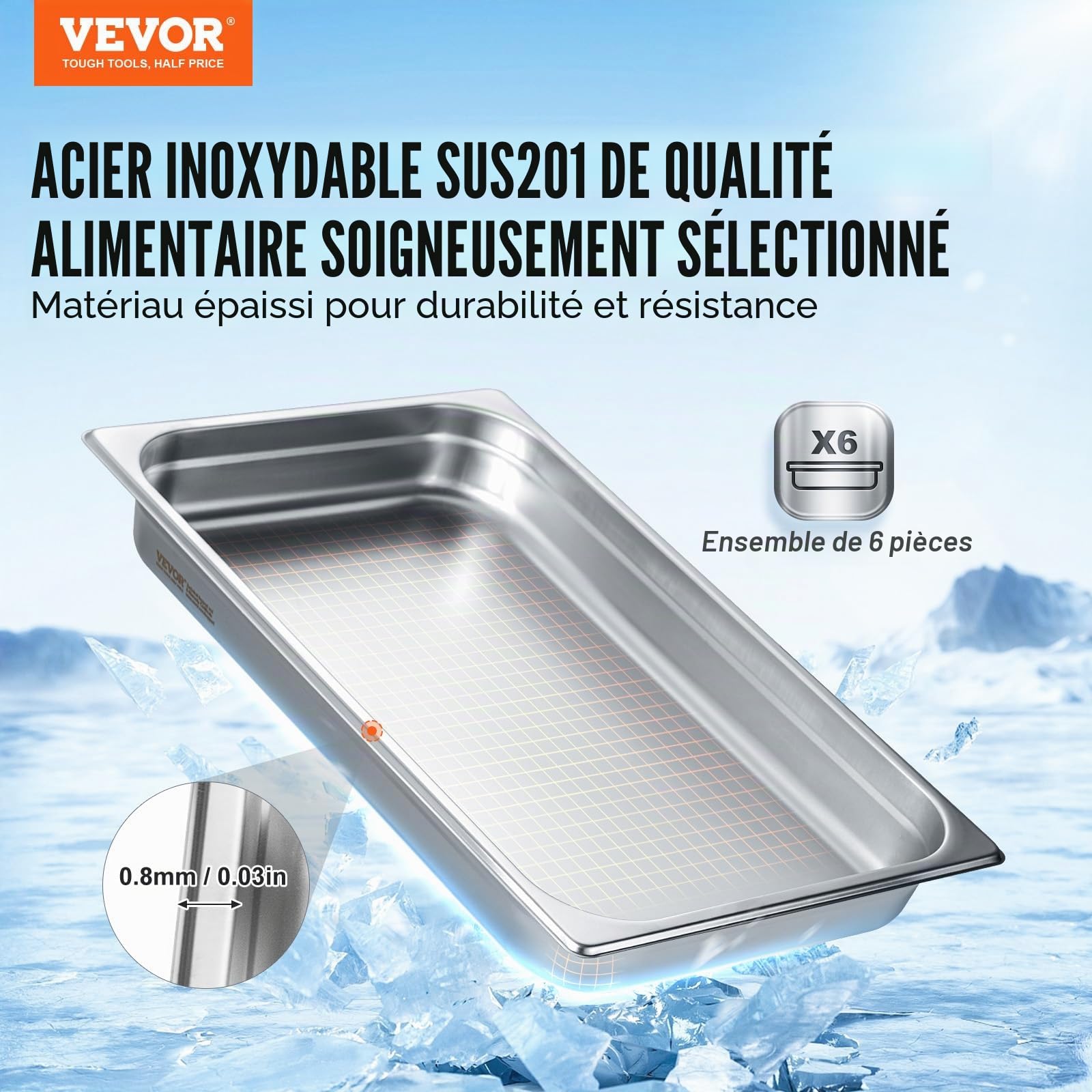 VEVOR Bac Gastronorme GN 1/1 Lot de 6, Récipient Inox pour Bain-marie 0,8 mm d'Épaisseur, Bac Inox Alimentaire 6,7 cm Profondeur, pour Fours à Convection, Réfrigérateurs, Stockage, Restauration