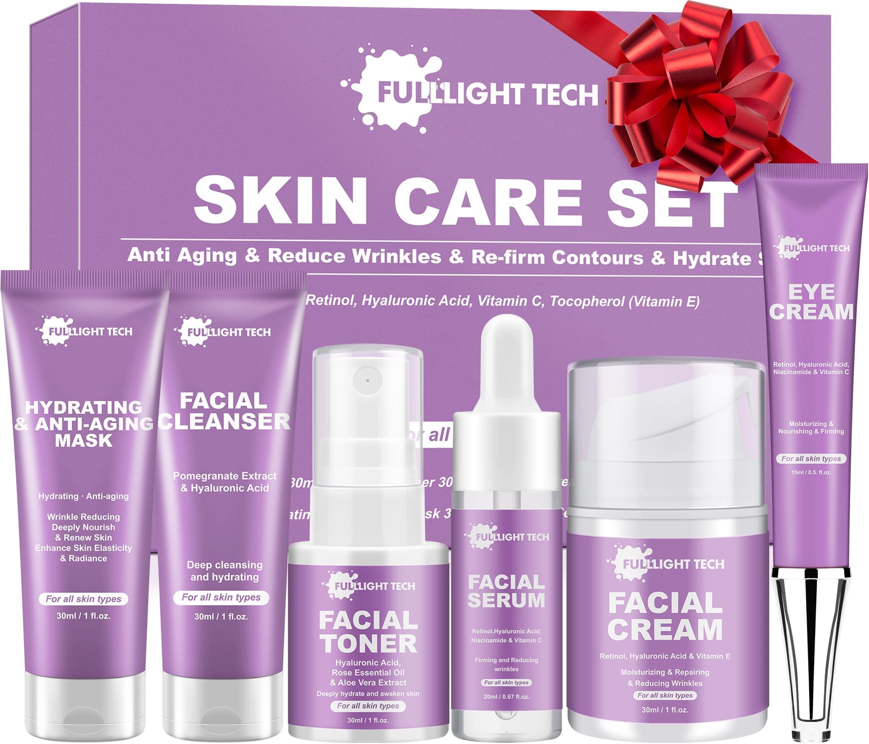 Skin Care Set,Anti Aging Skin Care Kit,Reduce Wrinkles & Hydrate Skin,Facial Cleanser,Toner,Cream,Serum,Eye Cream Skincare Gift Set,Wife Mom Women Gifts for Christmas,Valentines Day Gifts for Her