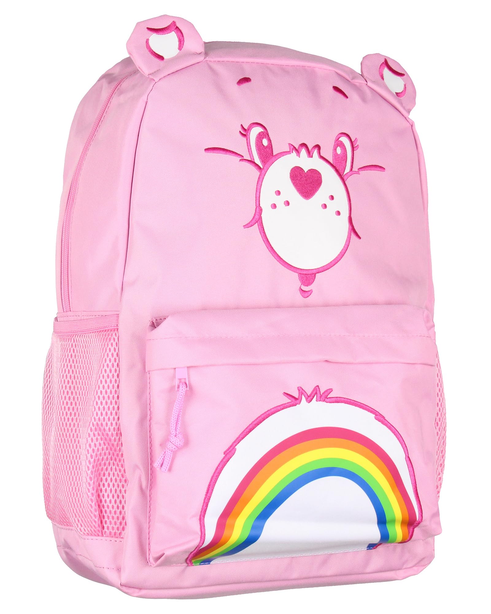 Mad Engine Care Bears Backpack Cheer Bear Embroidered Face Rainbow Belly Badge Design with 3D Ears Laptop School Travel Backpack