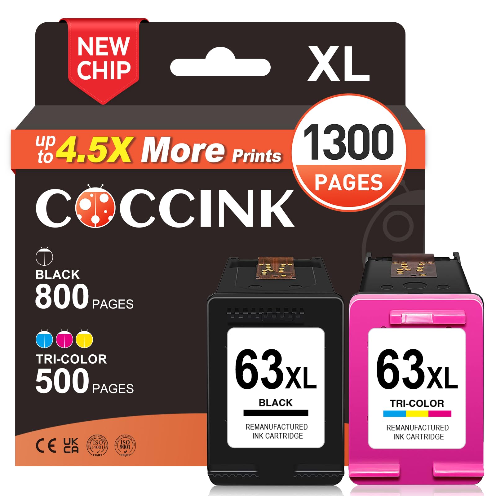 COCCINK 63XL Cartouche d'encre reconditionnée pour imprimante HP 63 XL F6U64AN Officejet 3830 4650 4652 5200 5252 5258 Envy 4520 4512 Deskjet 1112 2132 3630 (1 noir, 1 tricolore combiné) Pack