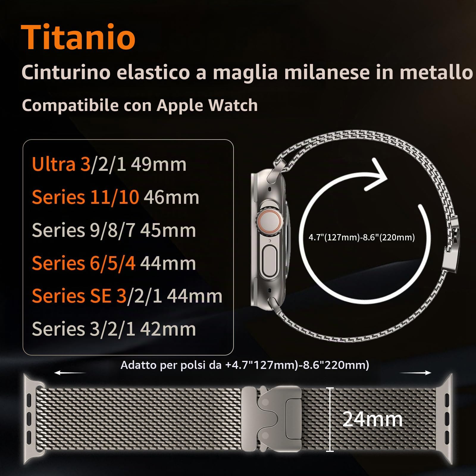 Cinturino Milanese in Titanio Compatibile con Apple Watch Ultra 3/2/1 49mm 46mm 45mm 44mm 42mm (Serie 3 2 1) Uomini Donne, Cinturini in Metallo per iWatch 11 10 9 SE 8 7 6 5 4, Fibbia Stile Paracadute