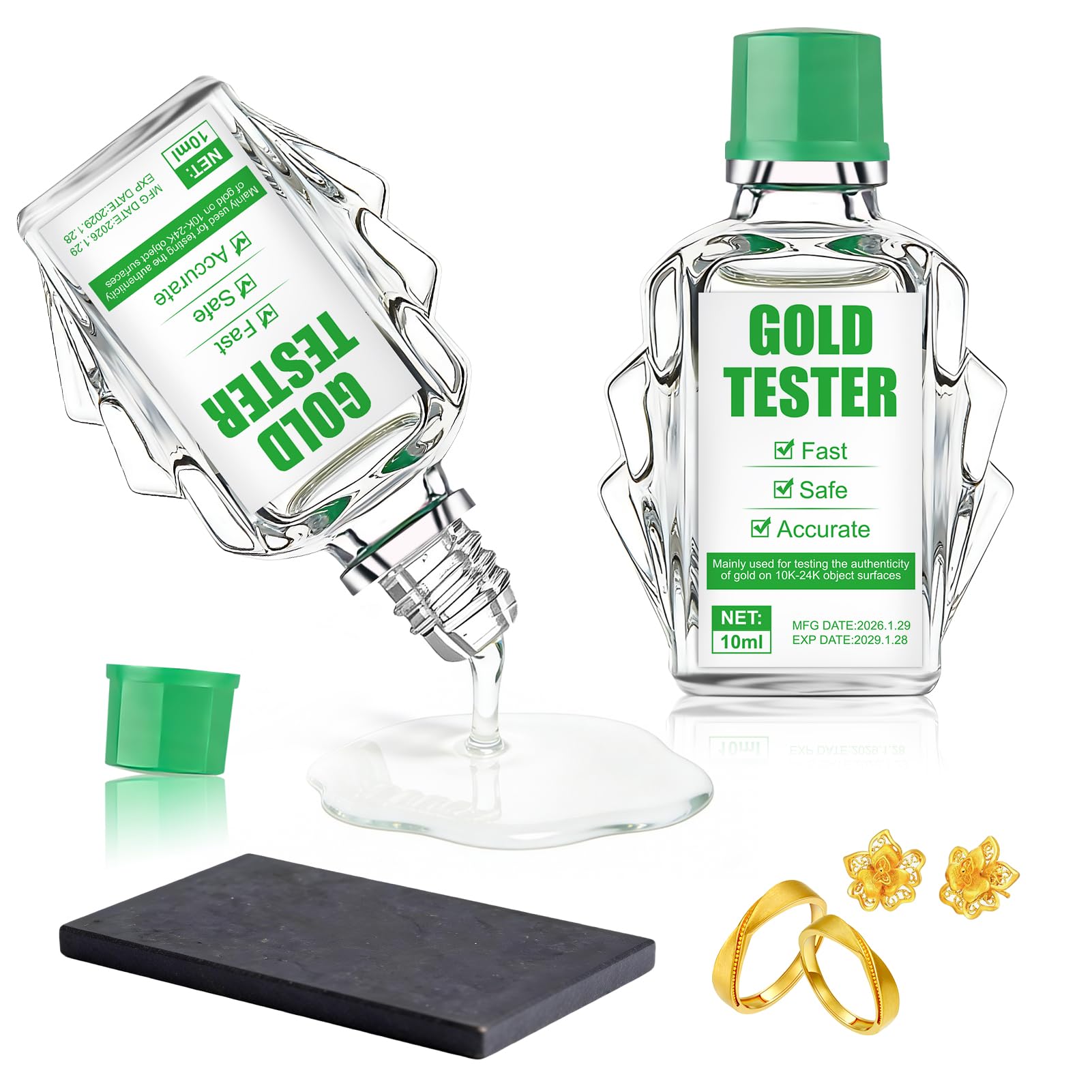 NoxGule Comprobador de Oro, Surtido de Reactivos de Prueba de Oro de 9K-24K, Solución de Análisis + Piedra de Toque, Fácil de Operar, Resultados Rápidos, Pruebas Confiables, 20ml