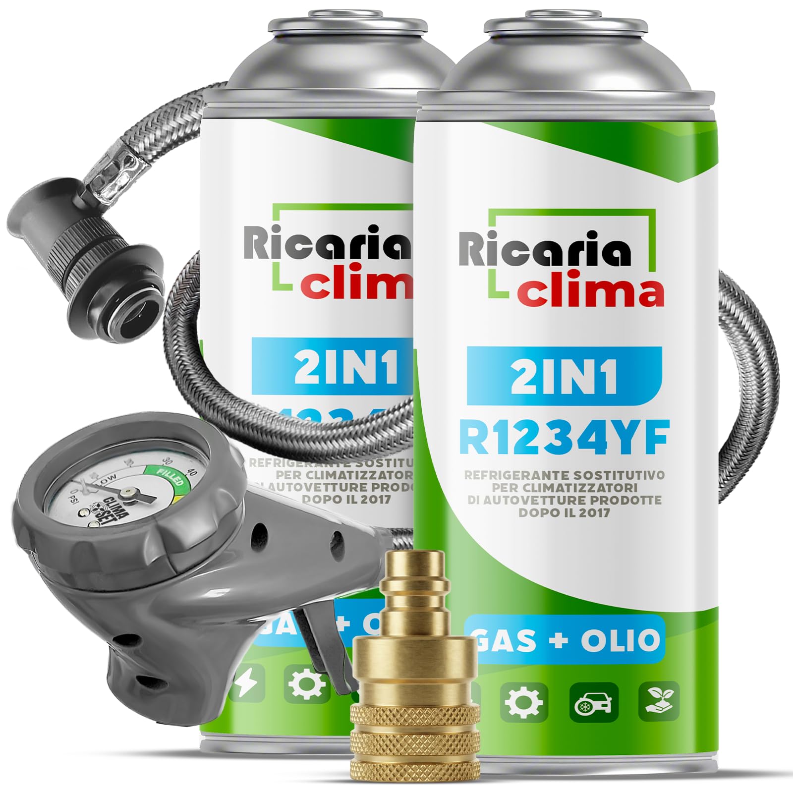 Fluido refrigerante R1234yf gas con olio, tubo e adattatore YF – Ricarica climatizzatore auto – 2x 235 g – ECO