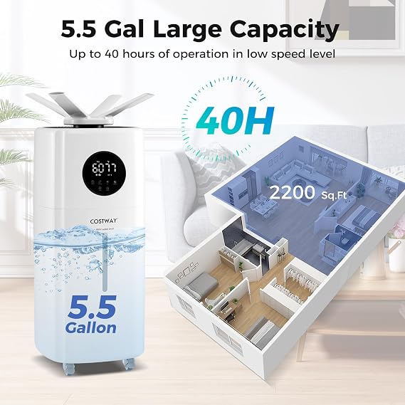 COSTWAY 21L/5.5Gal Humidifier for Large Room, Top Fill Whole House Humidifier, 3 Mist Levels, Extension Tube, 360 Nozzles & Remote Control for Bedroom, Plants