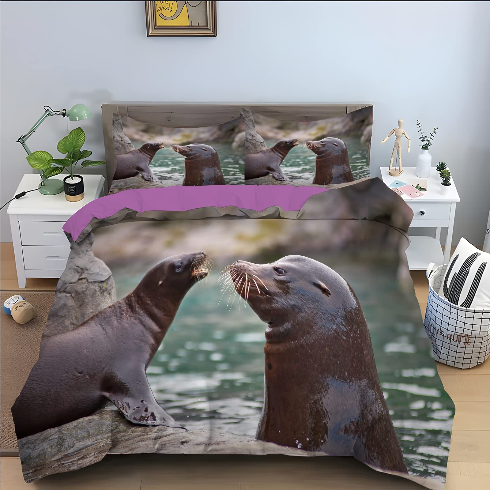Parure de lit 220x240 adulte otarie noire en microfibre premium respirante et ultra douce