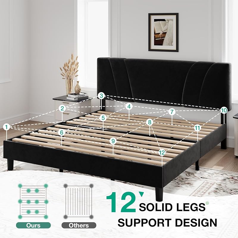 Novilla King Bed Frame and Headboard, King Bed Frame, Velvet Upholstered Bed Frames, No Box Spring Needed, Heavy Duty Feet, Easy Assembly, Black Velvet image 5