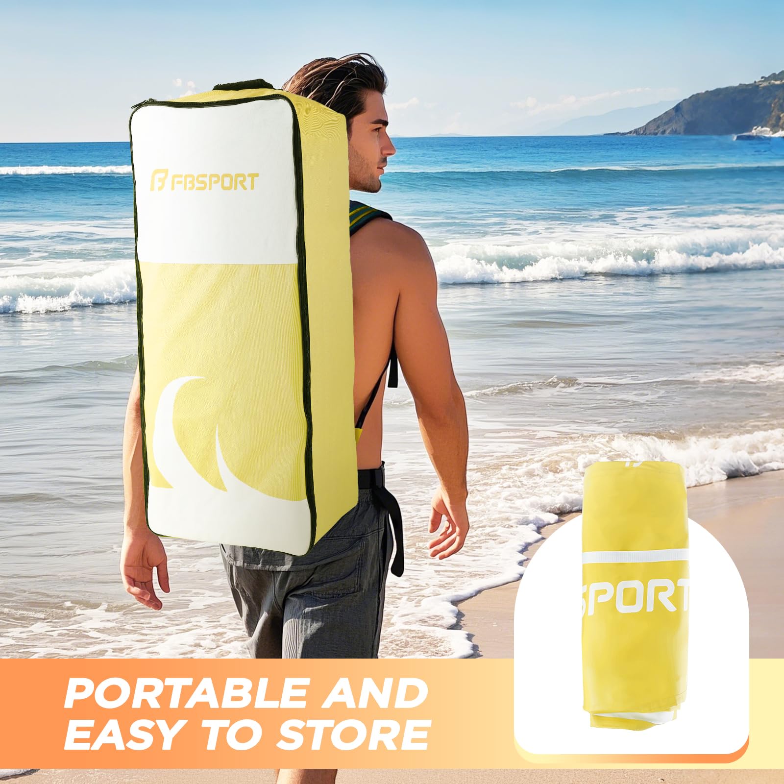 FBSPORT Tavola SUP Gonfiabile SUP 335CM per Adulti e Giovani, Stand Up Paddle Board Spessa 15 cm tavola da Surf tavola da SUP con Pagaia Regolabile, Zaino, Pompa & Pinna Rimovibile Surfboard