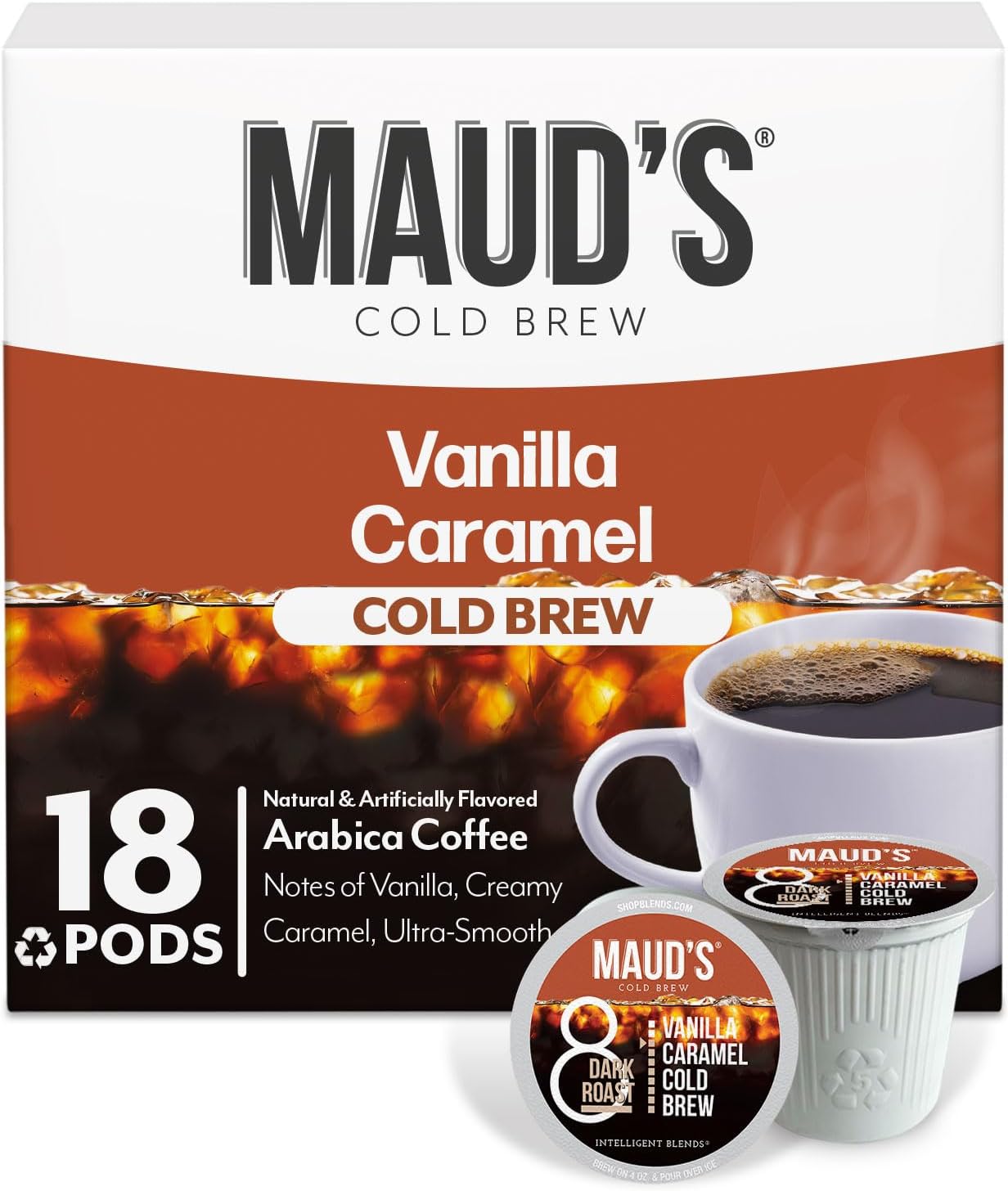 Vanilla Caramel Flavored Cold Brew Coffee Pods, 18 ct, Dark Roast Flavored Coffee in Single Serve Pods – 100% Arabica Beans, Compatible with Keurig K Cups Maker