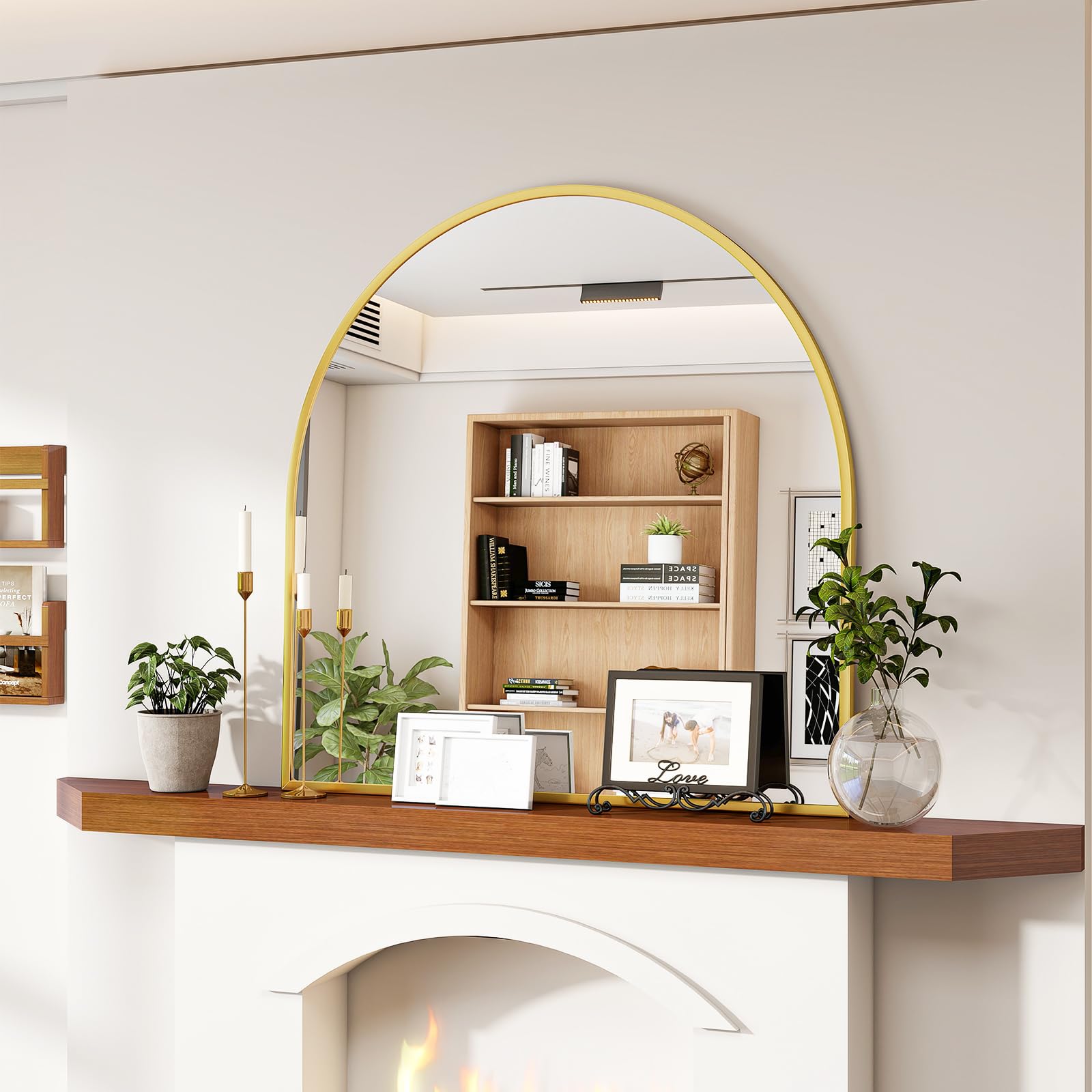 VooBang Arched Wall Mirror, 31 x 32 inch Arch Bathroom Mirror, Wall Mounted Vanity Mirror with Arch Metal Frame, Modern Bathroom Vanity Mirror for Bedroom, Living Room, Hanging or Leaning, Gold