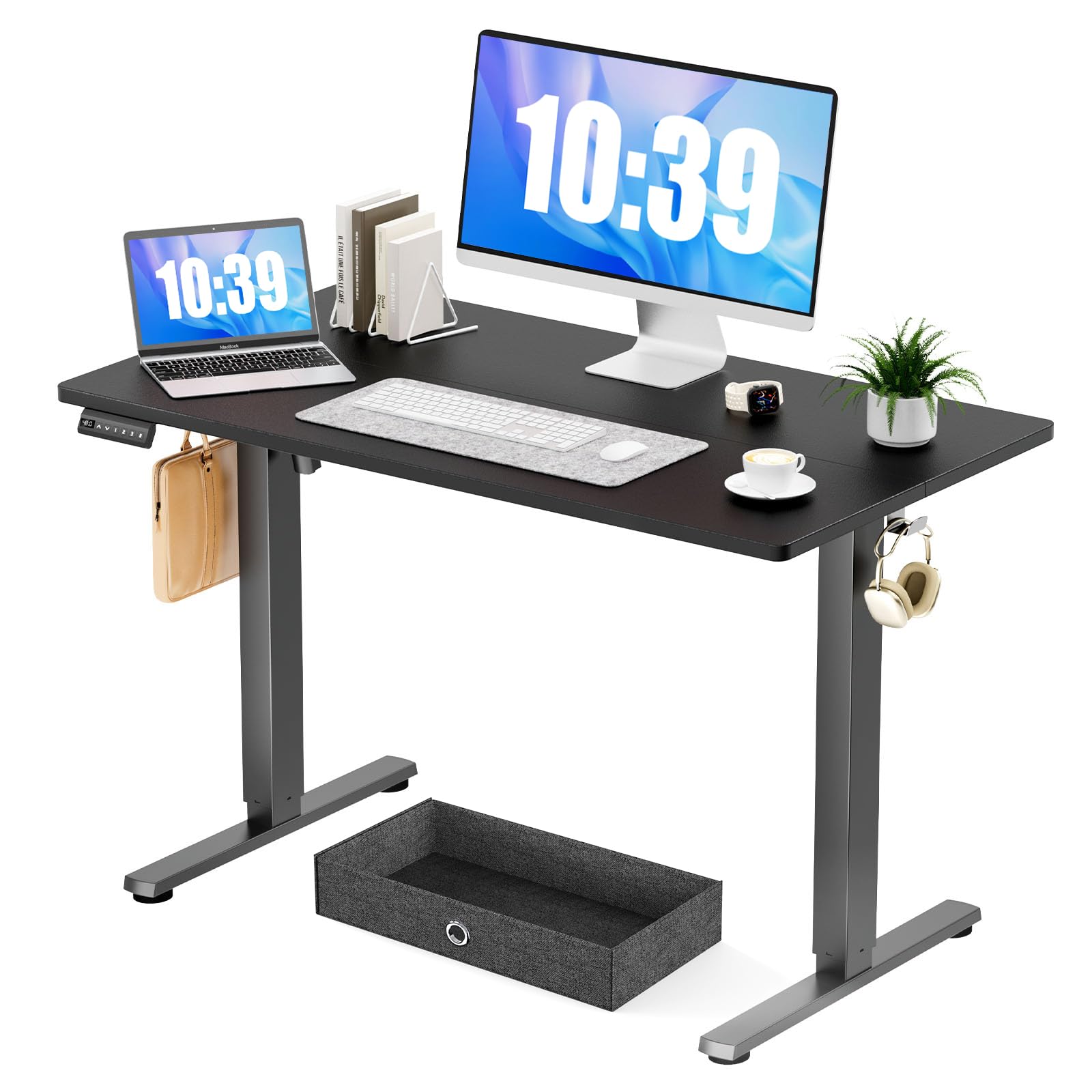 Electric Standing Desk with Drawer - 48 x 24 inch Adjustable Height Sit to Stand Up Desk with Splice Board, Rising Home Office Computer Table with 2 Hook and Wire Hole for Work, Study or Gaming