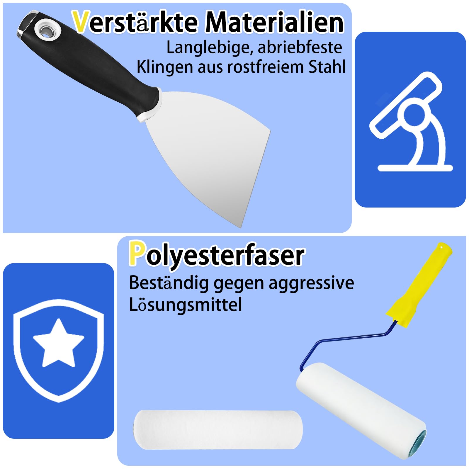 VKE Bodenbeschichtung Entlüftungsroller Set, Stachelwalze Ausgleichsmasse, Entlüftungswalze 11 mm, Nagelschuhe 30 mm, Edelstahl Stehrakel und Teleskopstange 162 cm (mit Farbrolle und Spachtel)