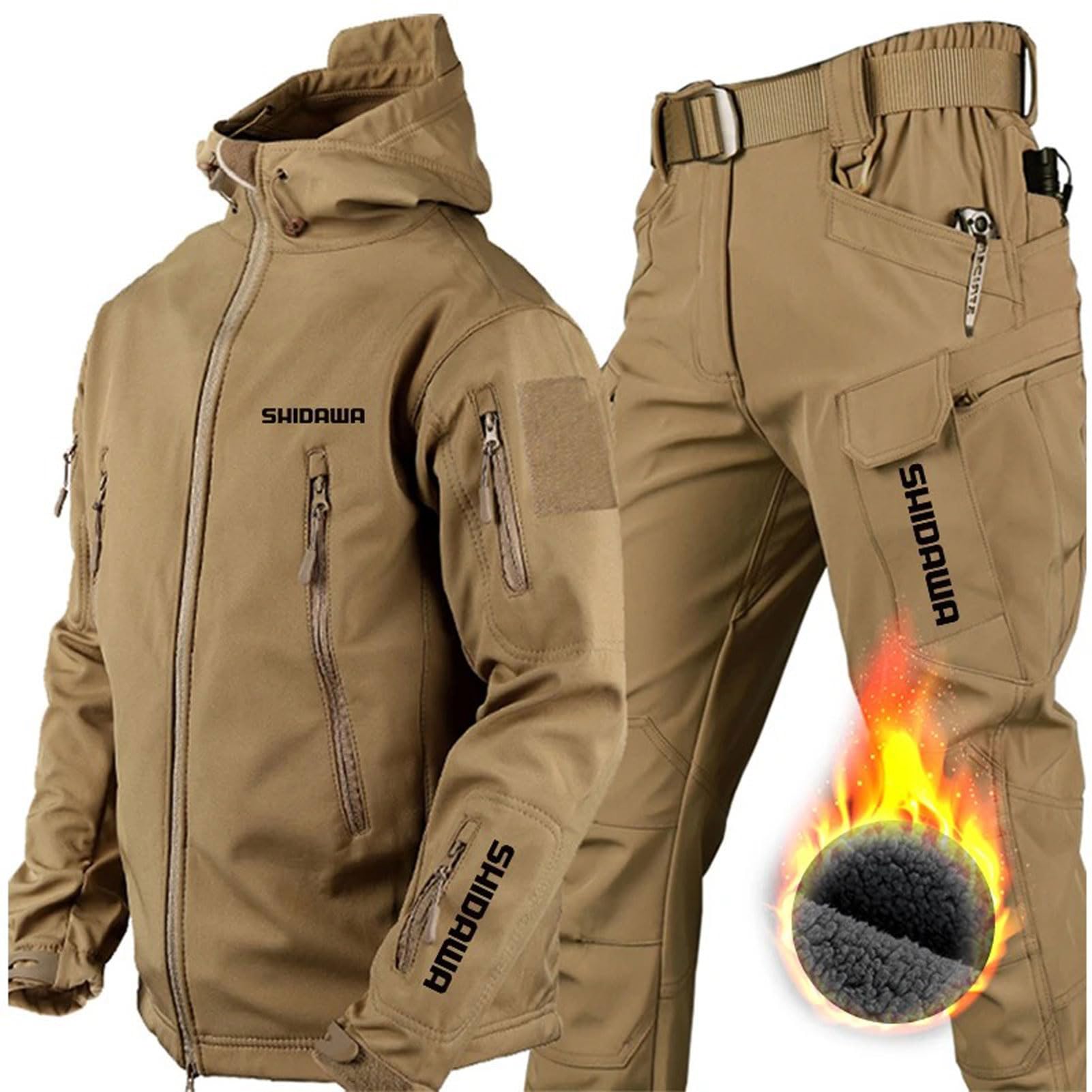 Trajes de pesca para hombre, piel de tiburón, forro polar grueso, montañismo, camping, tácticas, entrenamiento, impermeable, conjunto