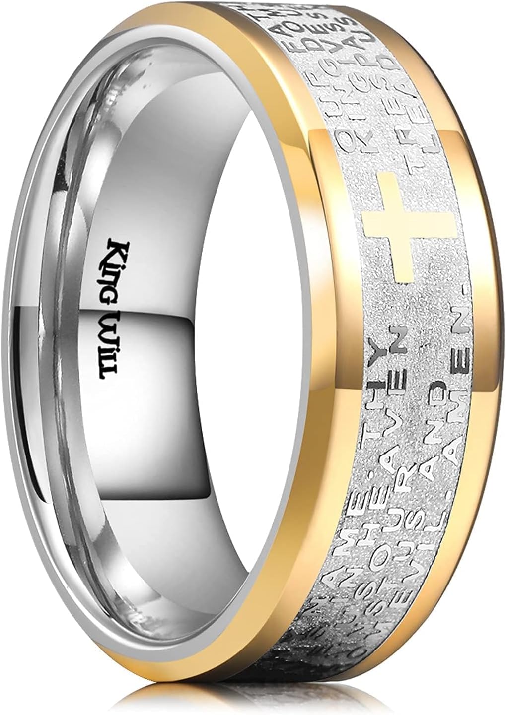 Stainless Steel Men Ring 8mm Lord's Prayer Cross Ring Stainless Steel Men Wedding Ring, Gold/Silver/Black Wedding Band Bible Engraved Rings High Polished, Comfort Fit Size 7-14