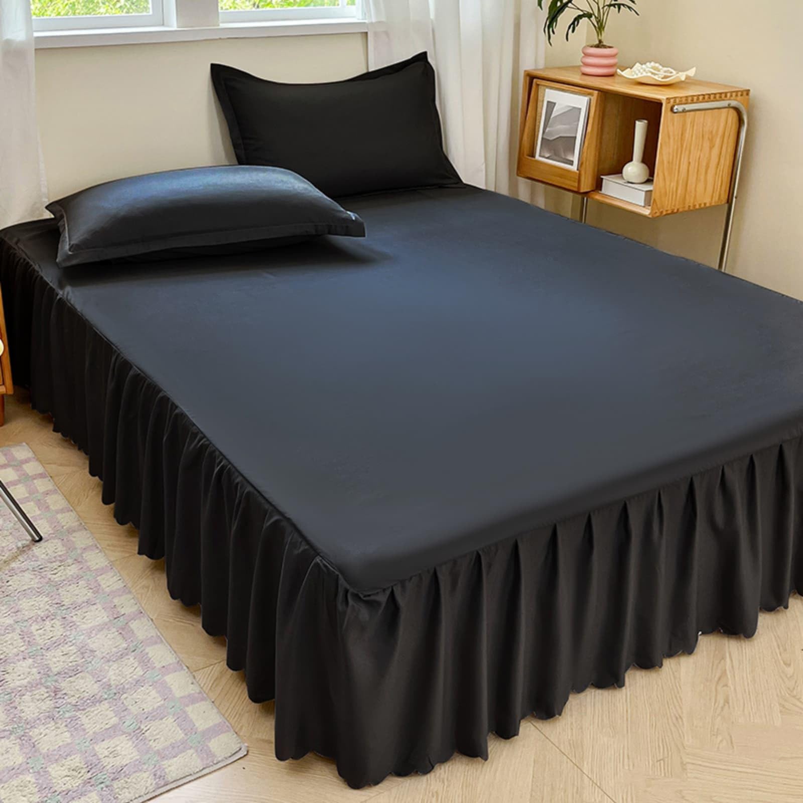 Odot Valance Fitted Sheet, Extra Deep Fitted Valance Sheets Single Double King Size Bedsheet with Skirt Solid Color Soft Microfibre Frilled Bedsheets Easy Care (Black,150x200cm)