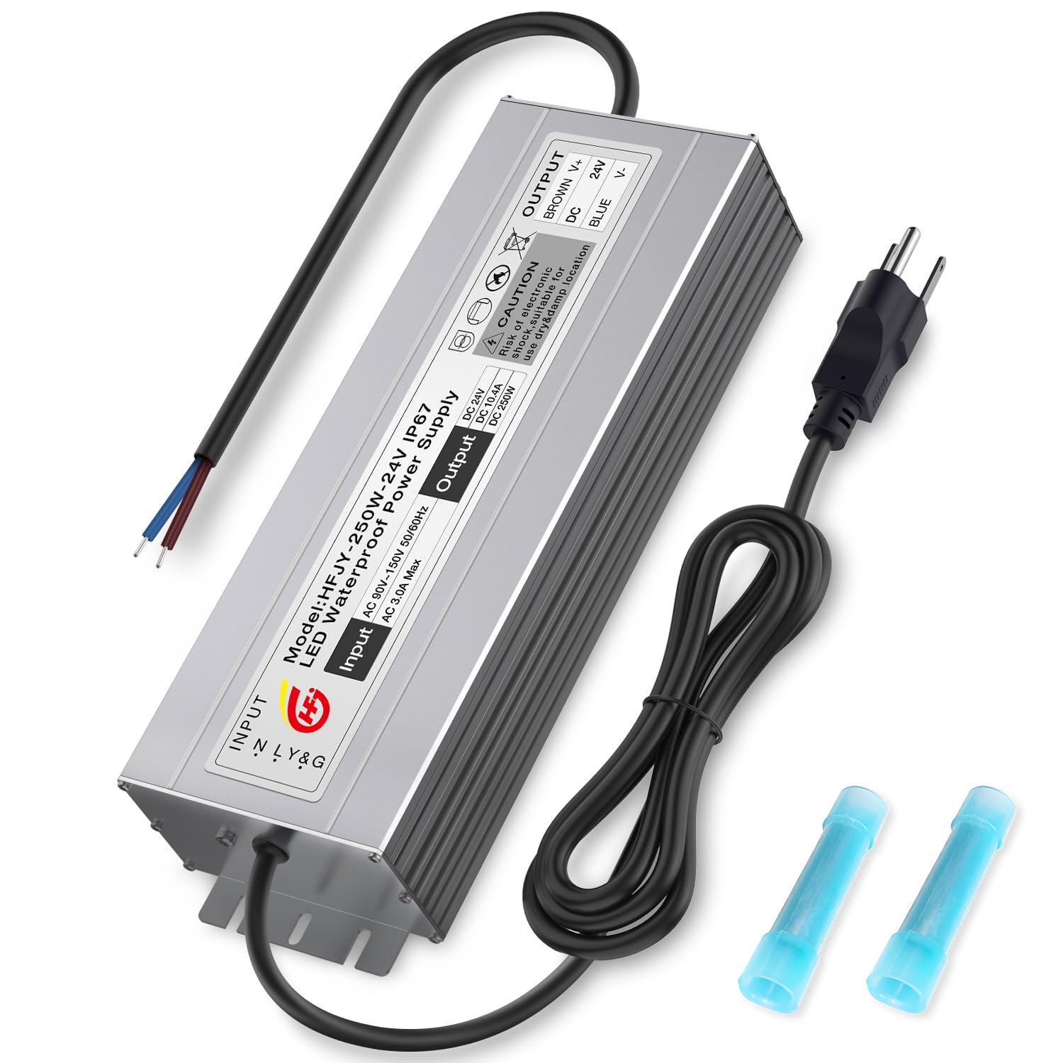 LED Driver,24V 250W LED Power Supply Waterproof IP67 AC 90-150V to DC 24V 10.4A,Low Voltage Transformer,with 3-Prong Plug 3.3 Feet Cablefor LED Light, Outdoor Use