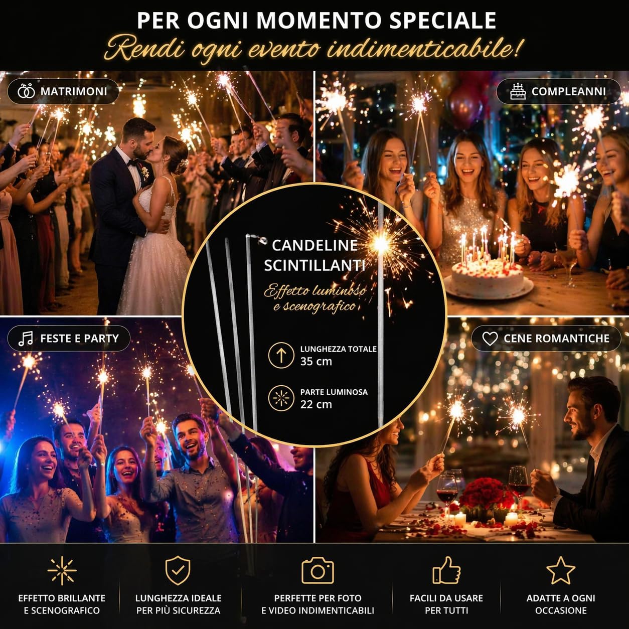 200 pezzi Candeline Scintillanti 35 cm Lunghezza Totale con 22 cm Effetto Luminoso – Candele Decorative per Feste, Compleanni, Matrimoni ed Eventi – Effetto Brillante Scenografico, Facili Party Cat.1