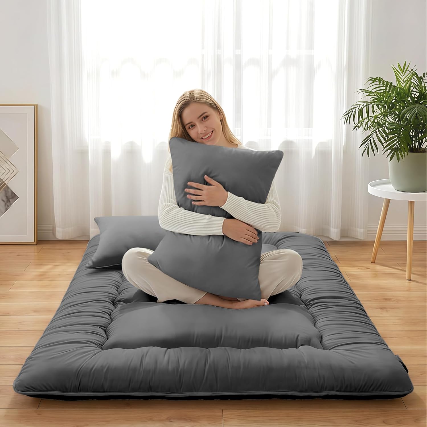 Japanese Floor Mattress Futon, 4 Inch Thick Foldable Roll Up Tatami Mat with 2 Pillow Covers, Full Size Floor Bed for Guest Room Kids Dorm Camping, Grey