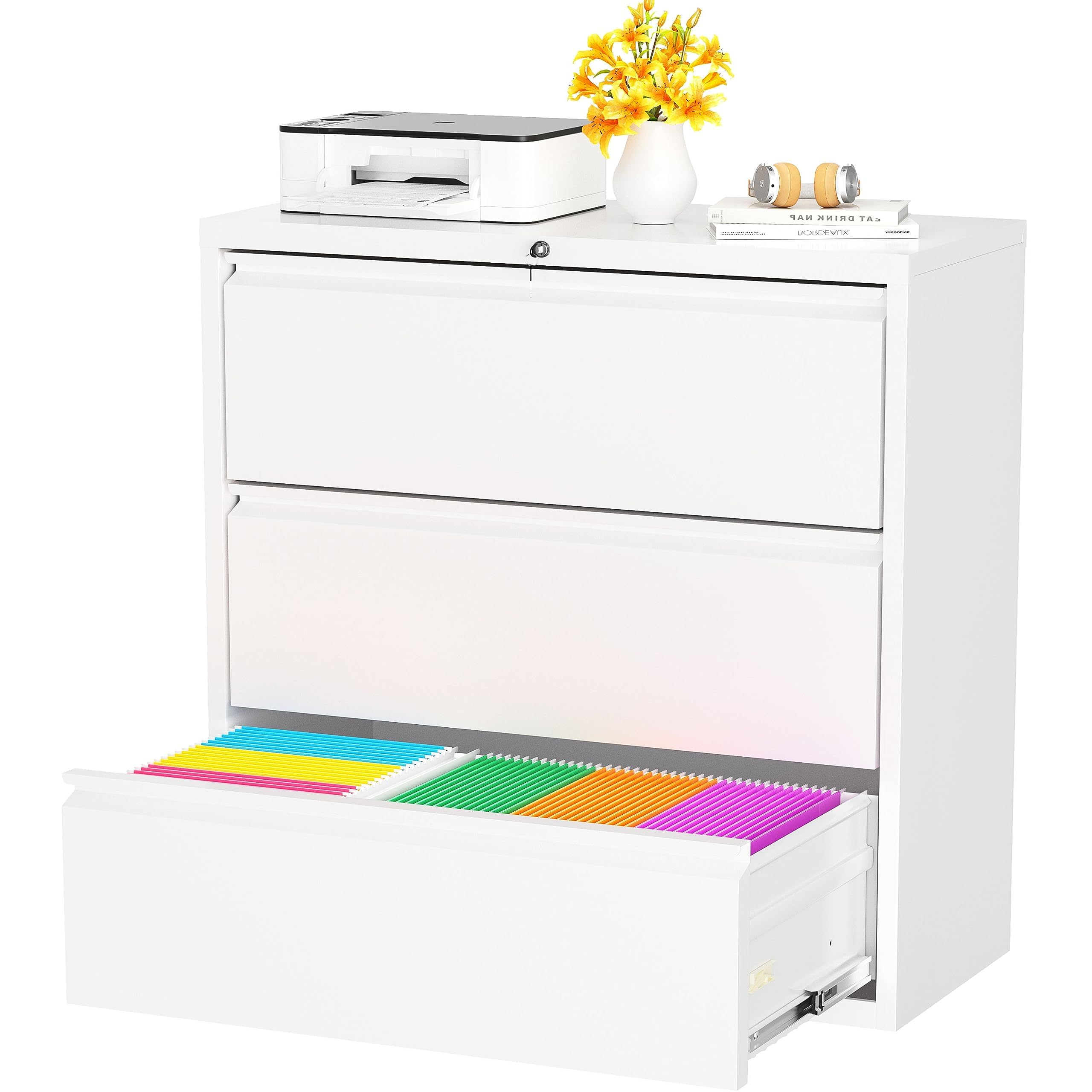 Superday Lateral File Cabinet 3 Drawer, White Filing Cabinets with Lock, Locking Metal File Cabinets Three Drawer Filing Cabinet for Home Office/Legal