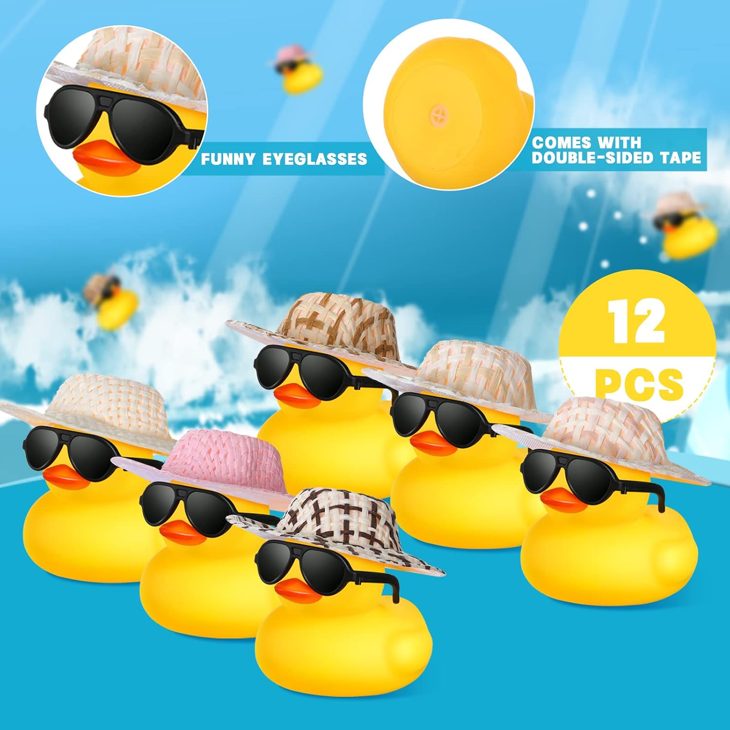 12 Pcs Mini Rubber Ducks with Sunglasses/ Glasses and Hats/ Necklace, Valentine's Day Rubber Duck in Bulk Bathtub Toy for Cruise Valentines Kids Classroom Gift Exchange(Stylish Style, Yellow)