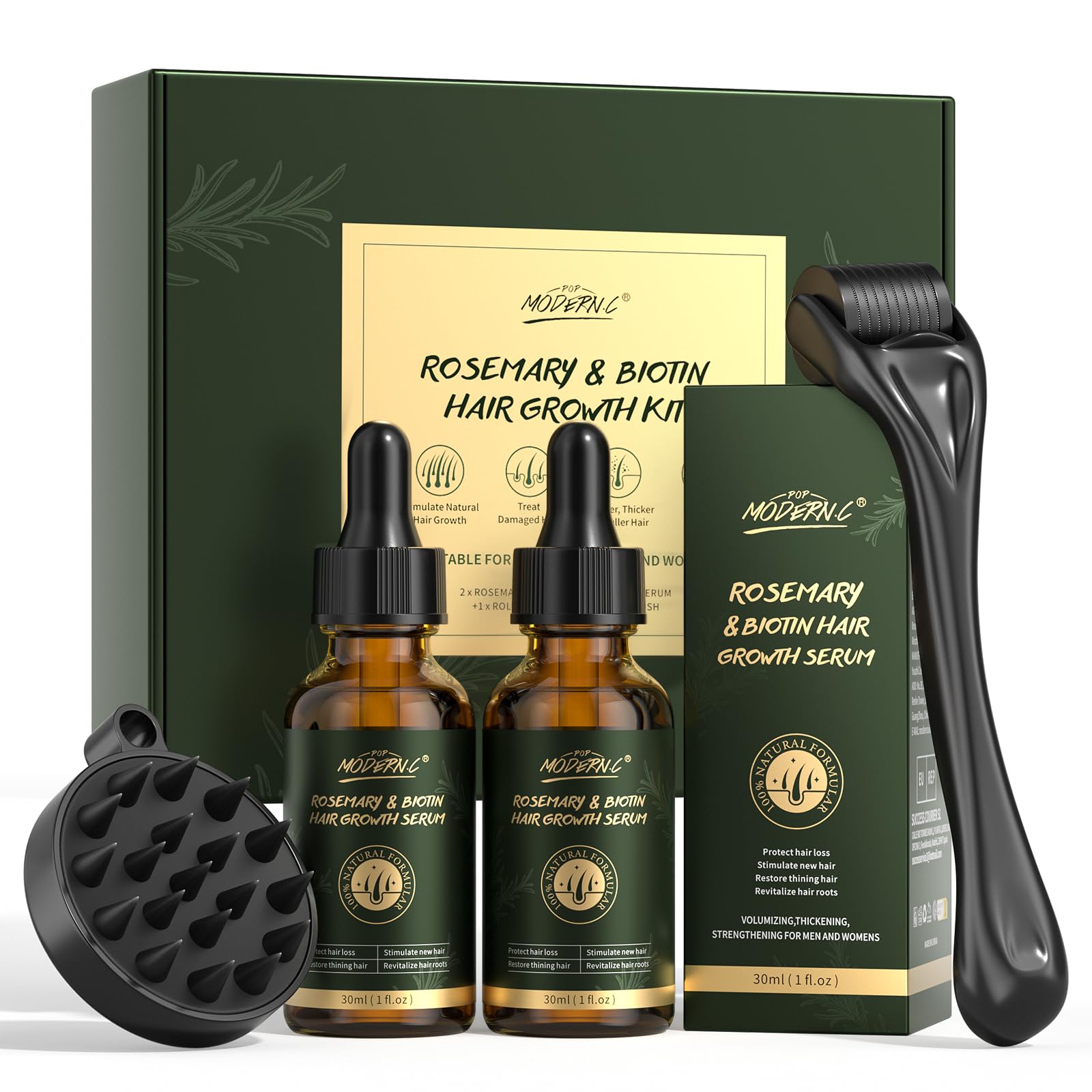 Kit Para el Crecimiento Del Cabello Con Romero Y Biotina, Aceite de Romero Para el Crecimiento Del Cabello Con Rodillo Derma Y Masajeador Para el Cuero Cabelludo, Paquete de 2 de 30ml