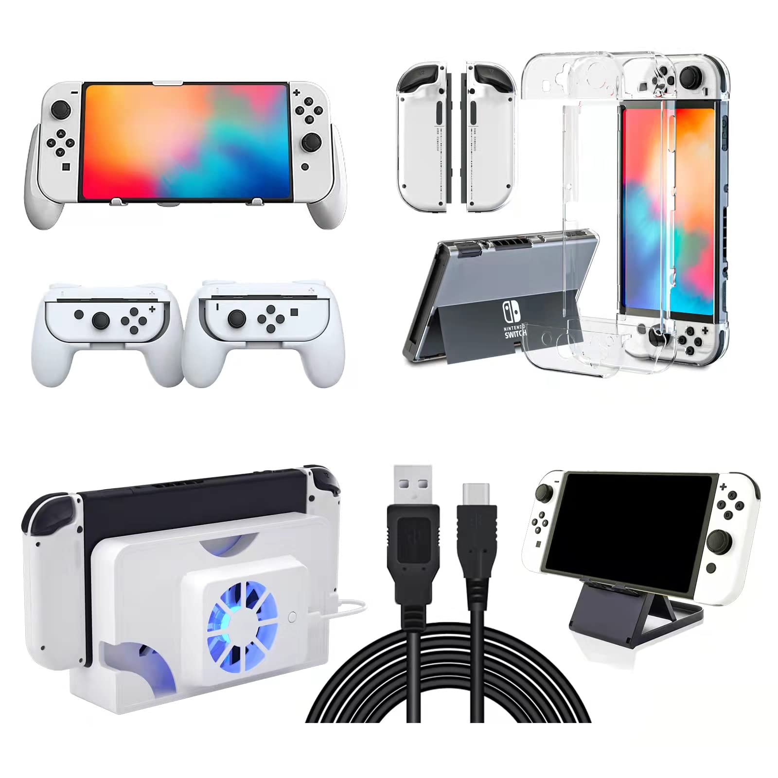 Nintendo Switch OLED Accessories, Switch OLED Grip, Switch OLED Joy Con Grips, Switch OLED Clear Case, Switch OLED Stand, Switch OLED Charger and Switch OLED Cooling Fan