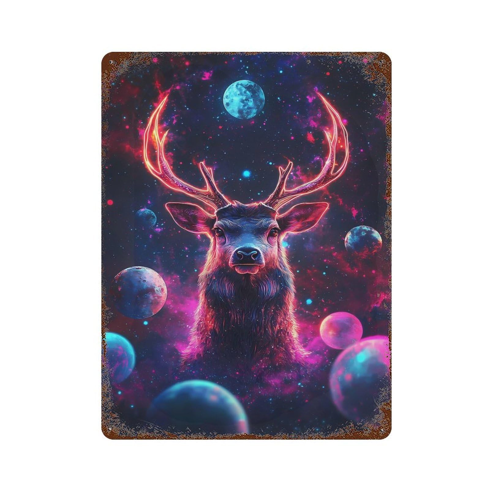 Rust Effect Cosmic Deer Neon Space Planets Rusty Metal Tin Sign 15.7"x11.8", Farmhouse Wall Decor for Shed, Workshop And Garage Wall Decor