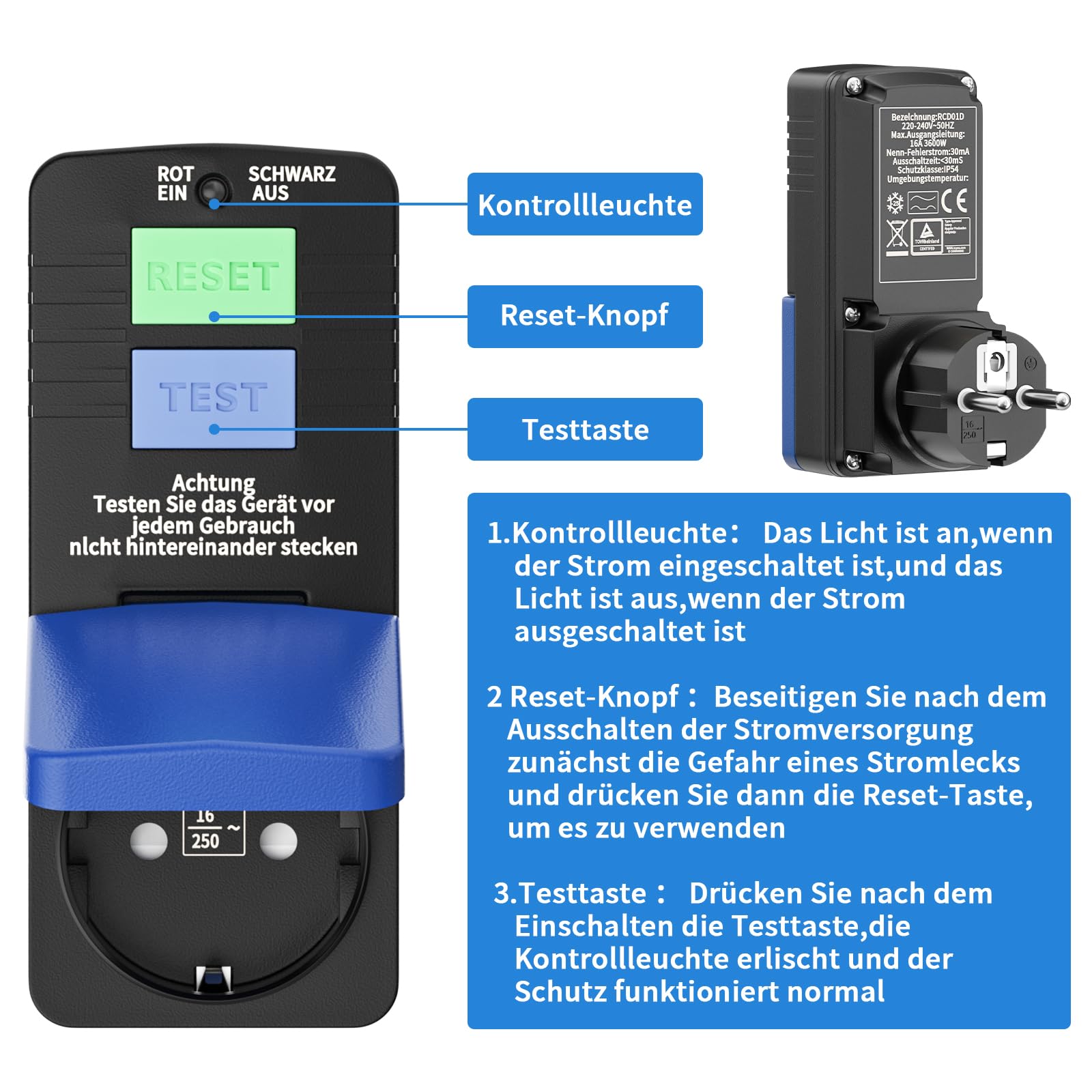 GutReise Fiche Intermédiaire FI Pour Protection Des Personnes Contre Les Chocs électriques 16 A 220-250 V 10 MA Adaptateur De Sécurité GutReise Fiche Intermédiaire FI Pour Protection Des Personnes Contre Les Chocs électriques 16 A 220-250 V 10 MA Adaptateur De Sécurité