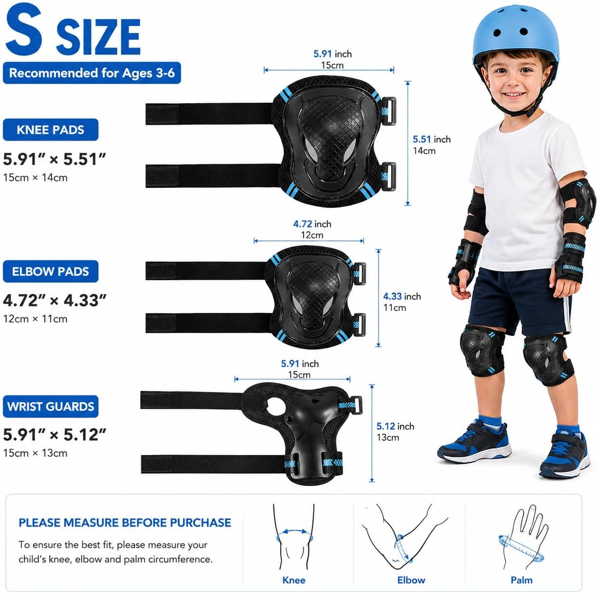 Kids Protective Gear Set, S Size Knee Elbow Pads and Wrist Guards for Toddler Boys Girls Ages 3-6, Adjustable Safety Gear for Skateboard, Scooter, Bike, Roller Skating
