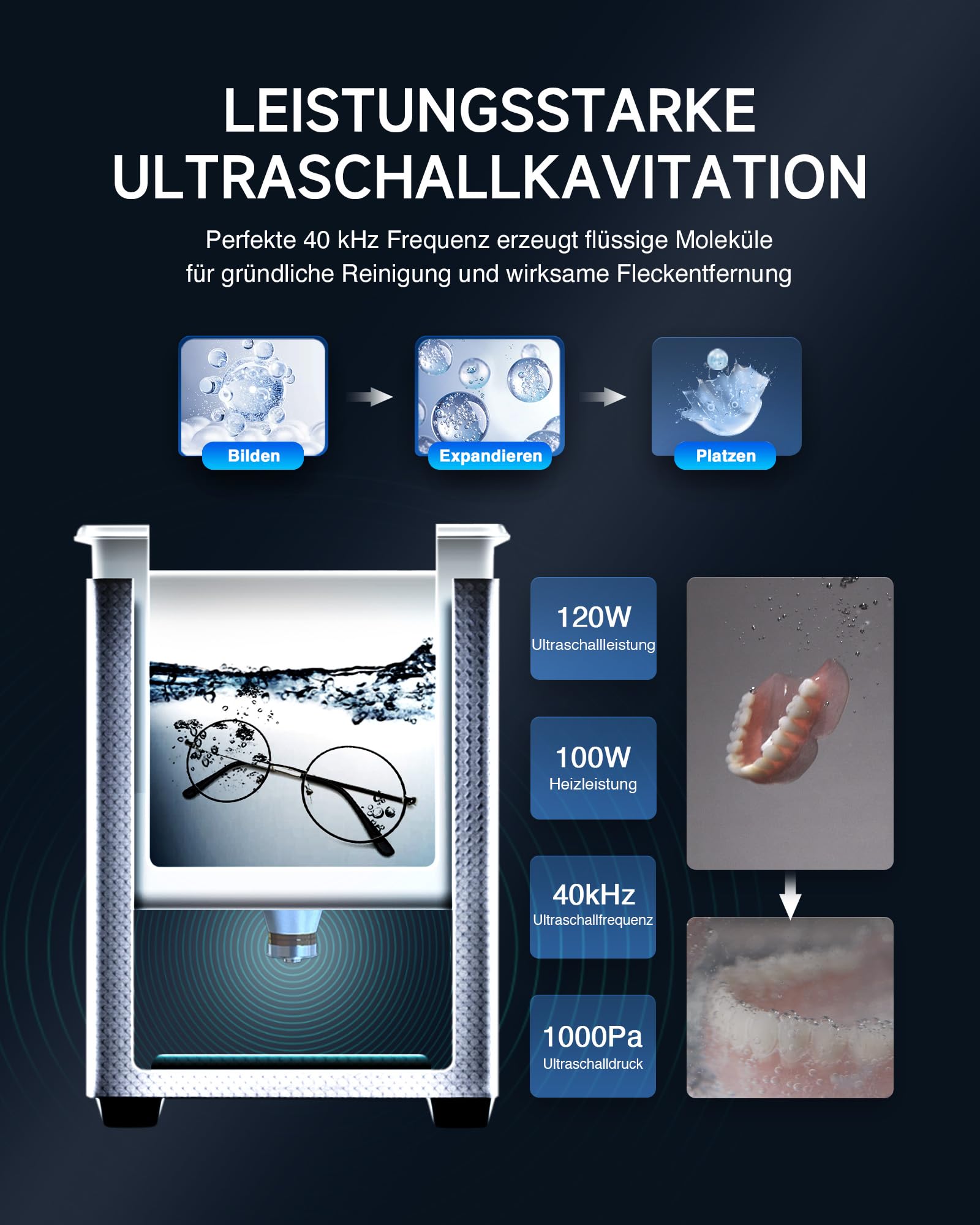 CREWORKS Ultraschallreinigungsgerät Edelstahl 3,2L Ultraschallreiniger 120W mit Heizung Timer Degas & Soft-Modus für Zahnprothesen Schmuck Brillen Uhren Gläser Ultraschall-Reinigungsgerät mit Knöpfen
