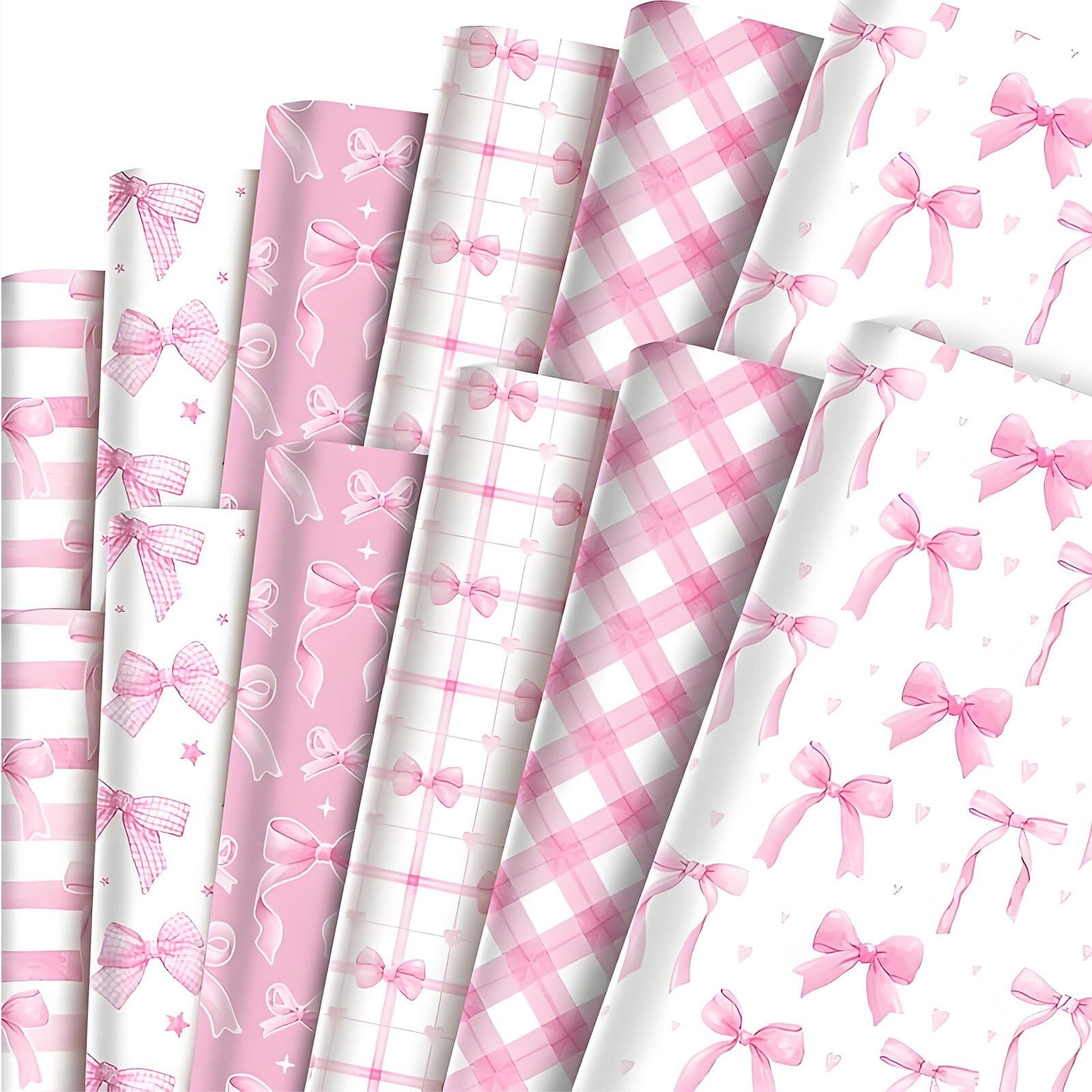 Pink Wrapping Paper, 12Pcs Pink Bow Birthday Wrapping Paper Designed with Pretty Bow, Gift Wrappings Papers Suitable for Valentine's Day Birthday Parties Mother's Day and Christmas