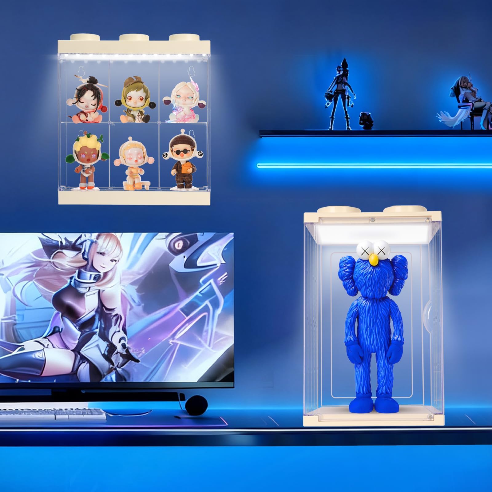 Vitrine transparente avec lumière pour objets de collection, boîtes en acrylique transparent pour figurines, poupées, trophées Gundam, boîte de rangement anti-poussière (blanc, 6 grilles avec lumière)