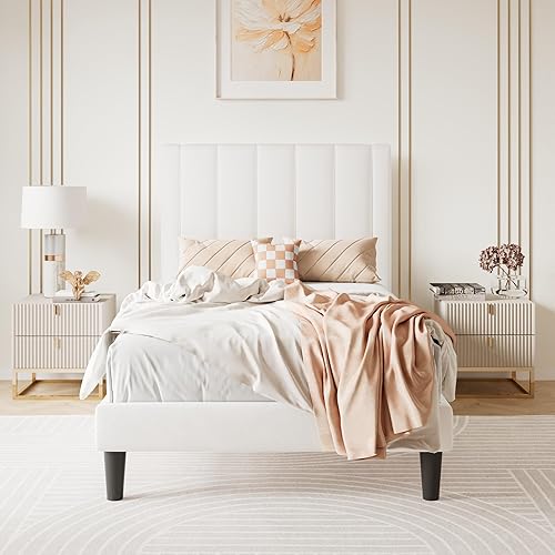 Miniatura 9 de SHA CERLIN Marco de cama King con plataforma tapizada de terciopelo con cabecero, soporte de listones de madera resistente, base de colchón, no