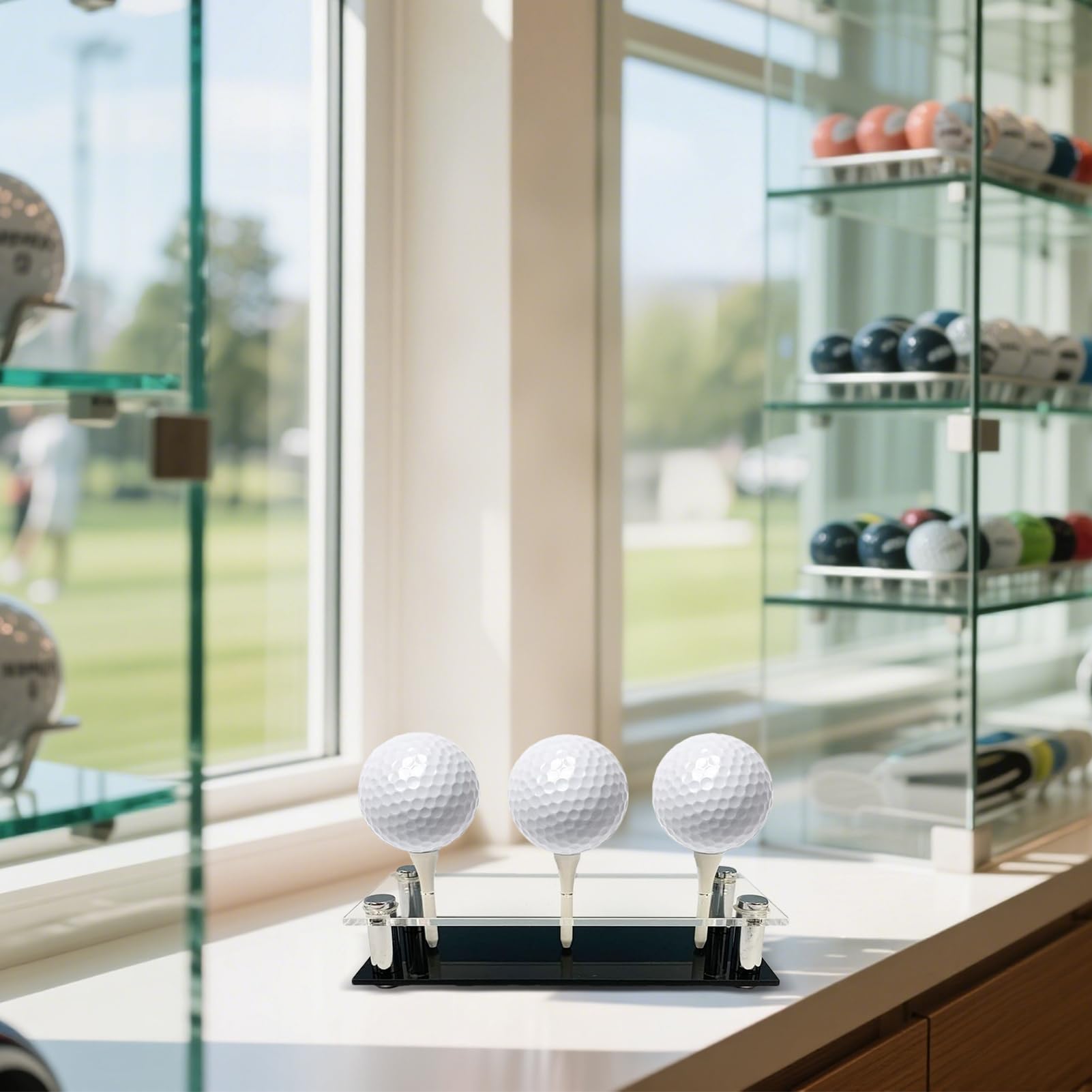 Expositor para bolas de golf, soporte decorativo de golf con base y camiseta, almacenamiento acrílico y metal para oficina o salón