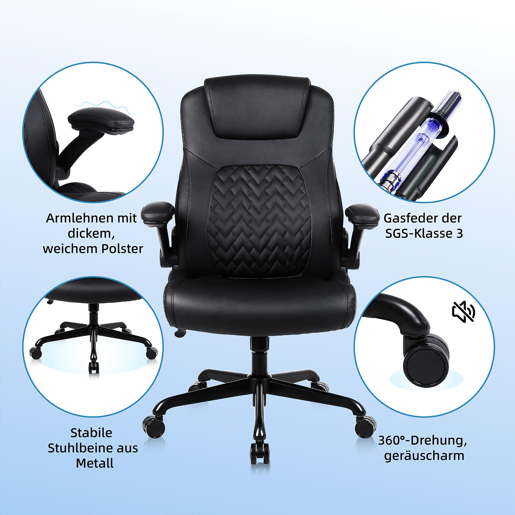 Ergonomischer Professioneller Bürostuhl, aus Kunstleder mit Lendenwirbelstütze, klappbaren Armlehnen und höhenverstellbarer Sitzfläche, Gaming-Stuhl mit Rollen für Büro und Homeoffice, Schwarz | Ermnois Bürostuhl Ergonomischer Schreibtischstuhl Profession