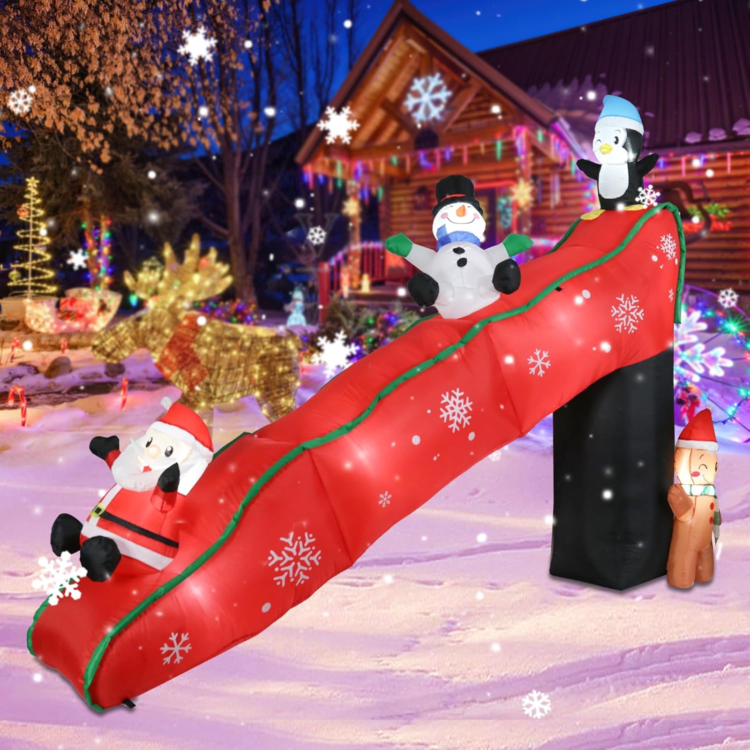 9.7 Ft Long Christmas Inflatables Christmas Blow Up Yard Decorations Christmas Inflatable Santa Clause Snowman Penguin Gingerbread Man Play on Slide Lighted Up Yard Lawn Garden Home Party Decor