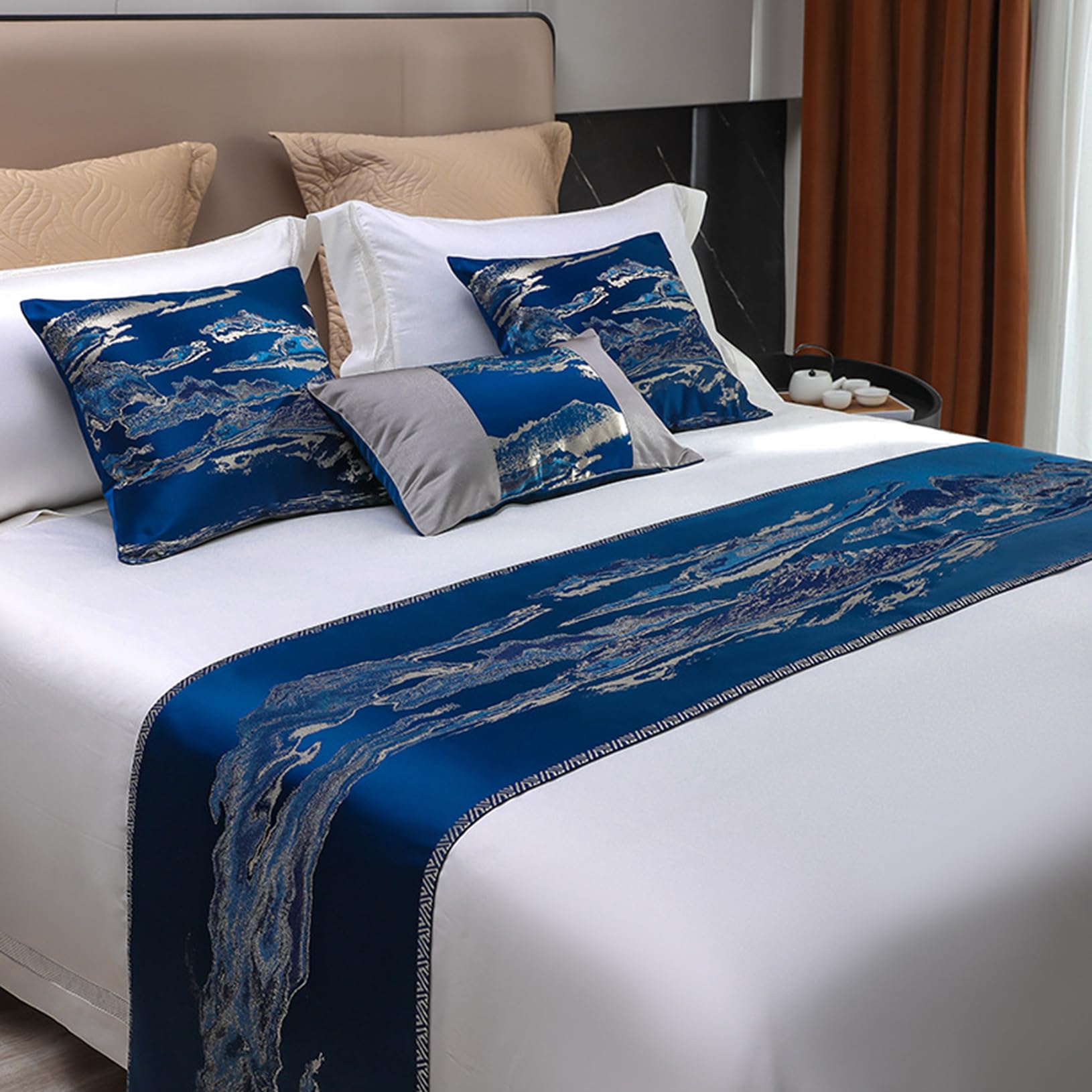 TTiiLoe Luxury Jacquard Bed Runner Chinese Style Landscape Painting Bed Scarves Polyester Bed Bedspreads End Cover for Hotel Bedroom Decor, Blue, 45 * 210cm for 1.5m Bed